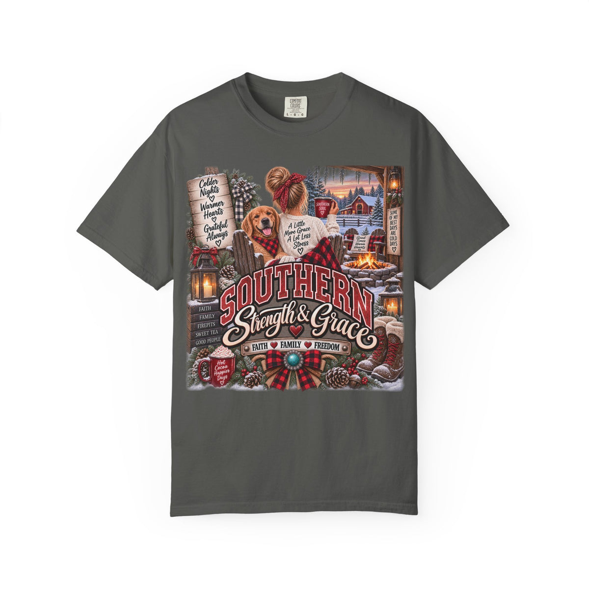Southern Strength & Grace T-Shirt — Cozy Holiday Cabin & Dog Graphic