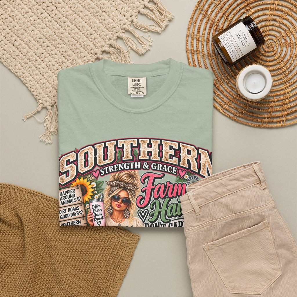 Southern Strength & Grace Farm Hair Don’t Care Country Girl Tee – Faith, Family & Country Living Shirt
