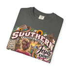 Southern Faith T-Shirt — "Jesus Knows I Try" Graphic Tee with Sunflowers & Family Vibe