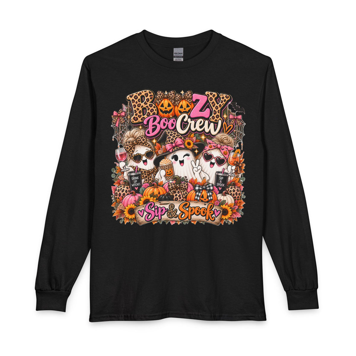 Boozy Boo Crew | Halloween Long Sleeve Tee | Sip & Spook Ghost Shirt