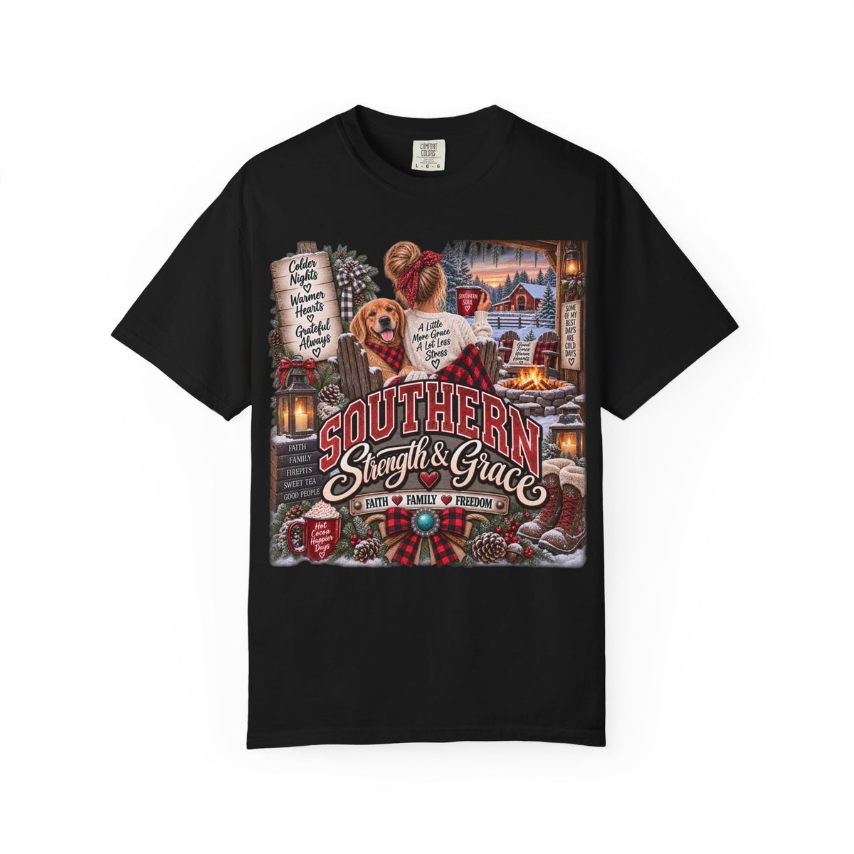 Southern Strength & Grace T-Shirt — Cozy Holiday Cabin & Dog Graphic