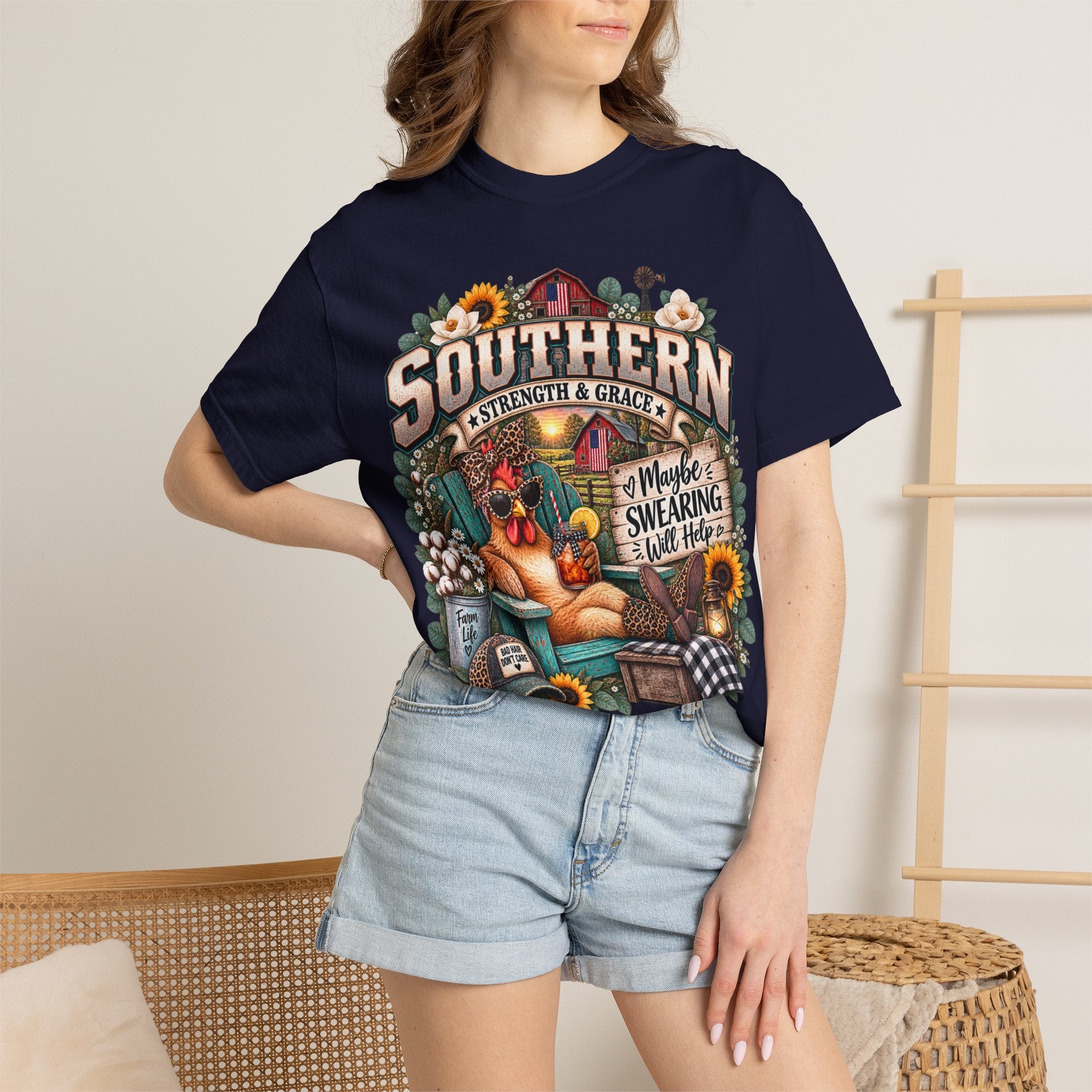 Southern Chicken Farmhouse T-Shirt — "Maybe Swearing, Maybe Hope" Graphic