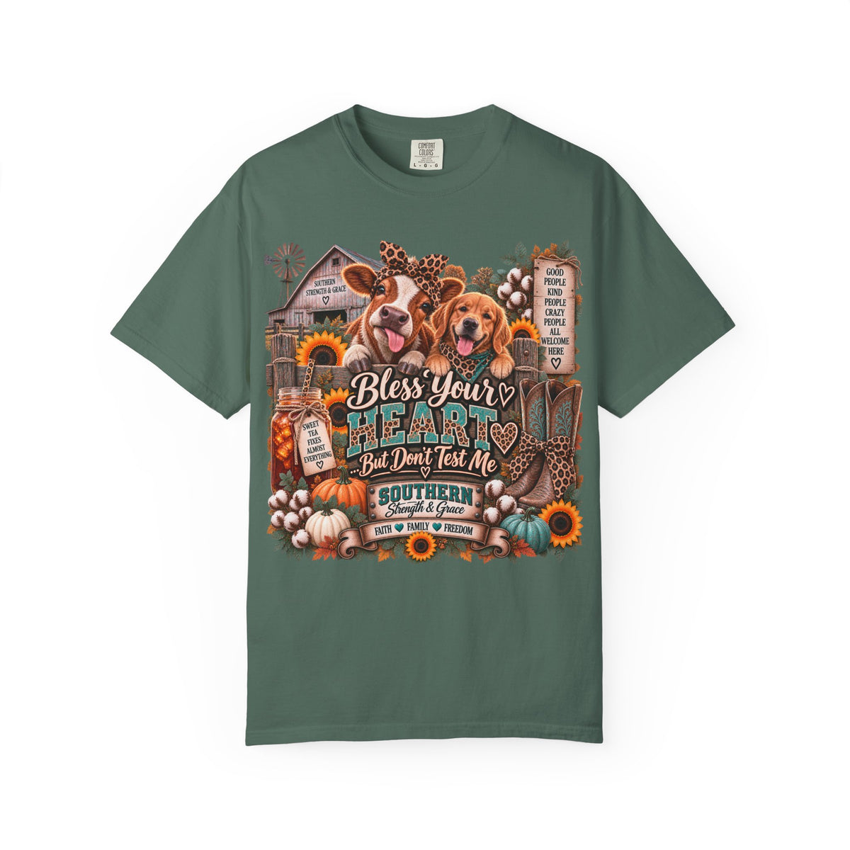 Southern Blessings T-Shirt — "Bless Your Heart But Don't Test Me" Fall Dog & Pumpkin Tee