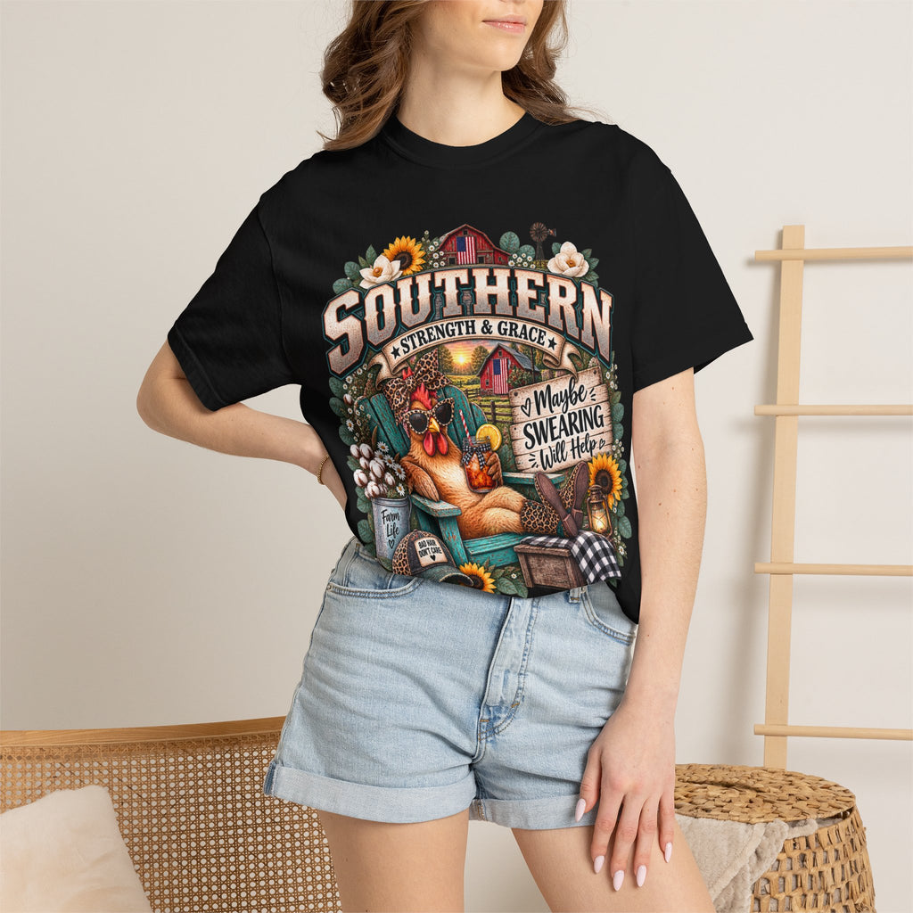 Southern Chicken Farmhouse T-Shirt — "Maybe Swearing, Maybe Hope" Graphic