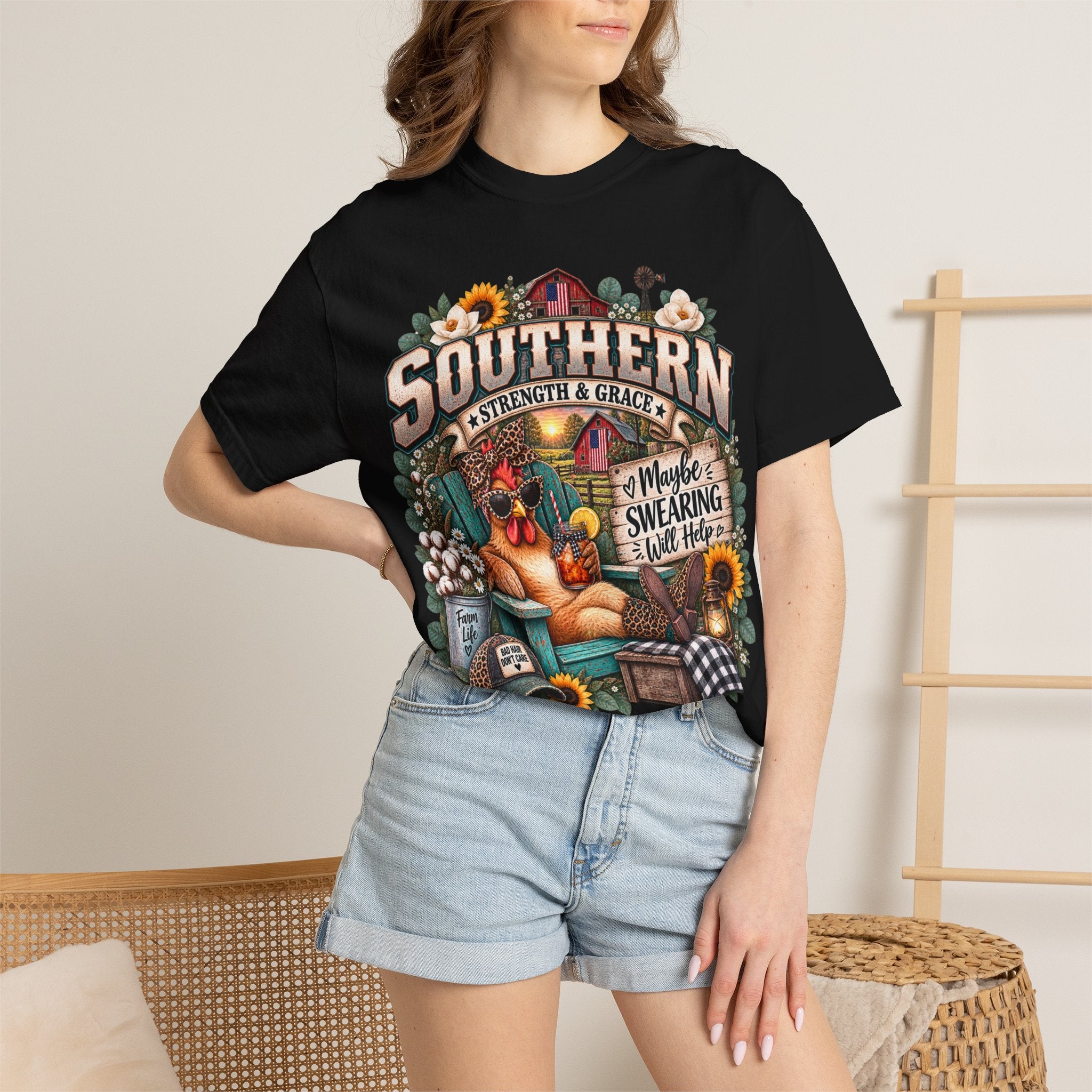 Southern Chicken Farmhouse T-Shirt — "Maybe Swearing, Maybe Hope" Graphic