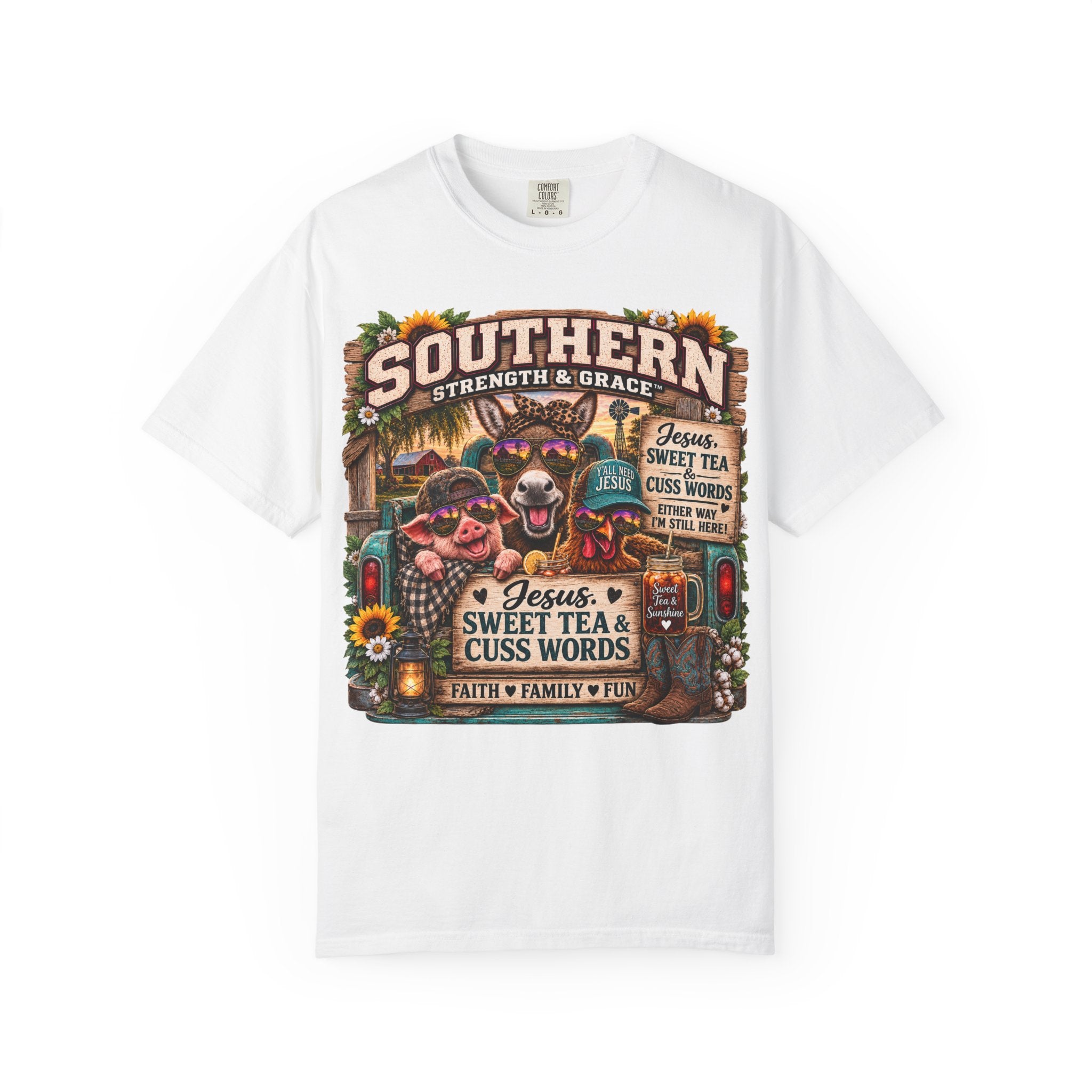 Southern Strength & Grace T-Shirt — "Jesus, Sweet Tea & Cuss Words" Vintage Country Tee