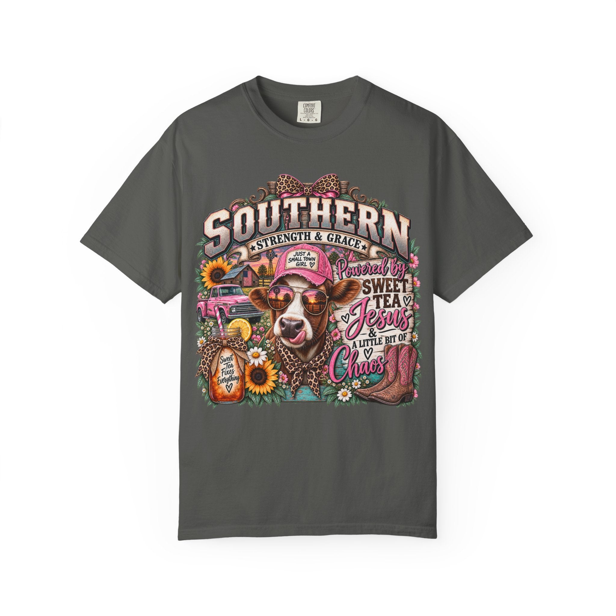 Southern Strength & Grace T-Shirt — Sweet Tea, Jesus & Country Cow Graphic Tee