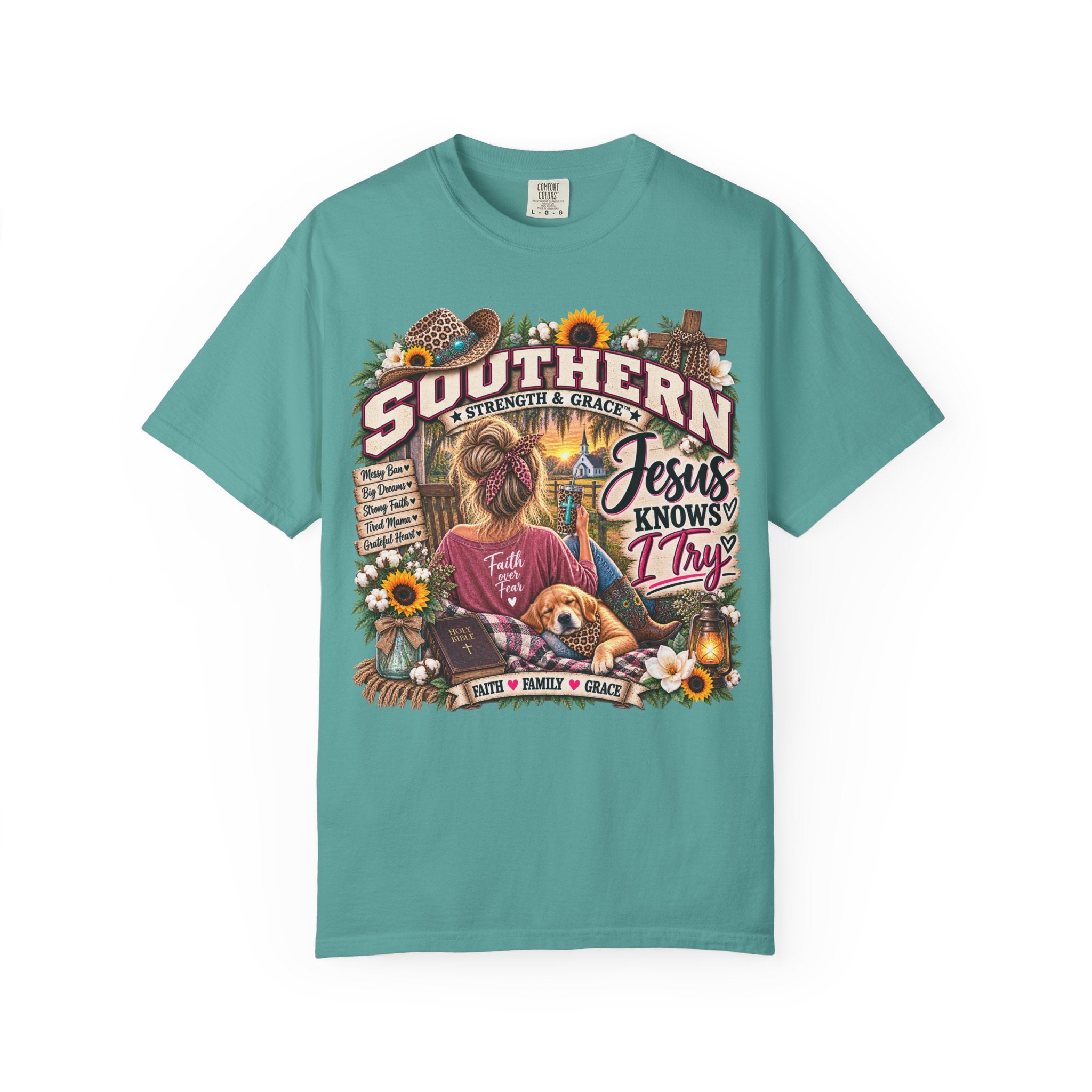 Southern Faith T-Shirt — "Jesus Knows I Try" Graphic Tee with Sunflowers & Family Vibe
