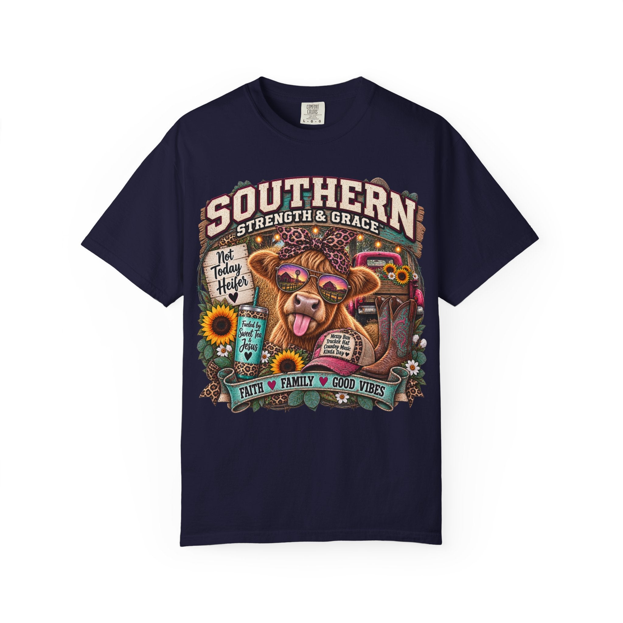Southern Strength & Grace T-Shirt — Cow Graphic ‘Faith • Family • Good Vibes’ Tee