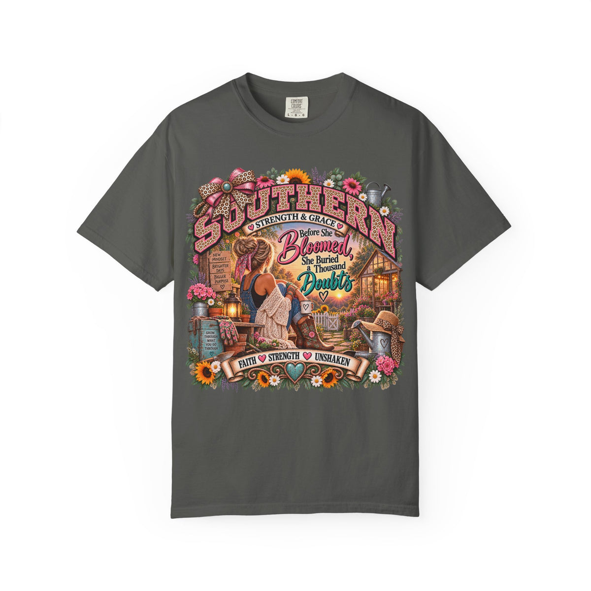 Southern Strength & Grace Comfort Colors Shirt, Faith Inspired Floral Graphic Tee