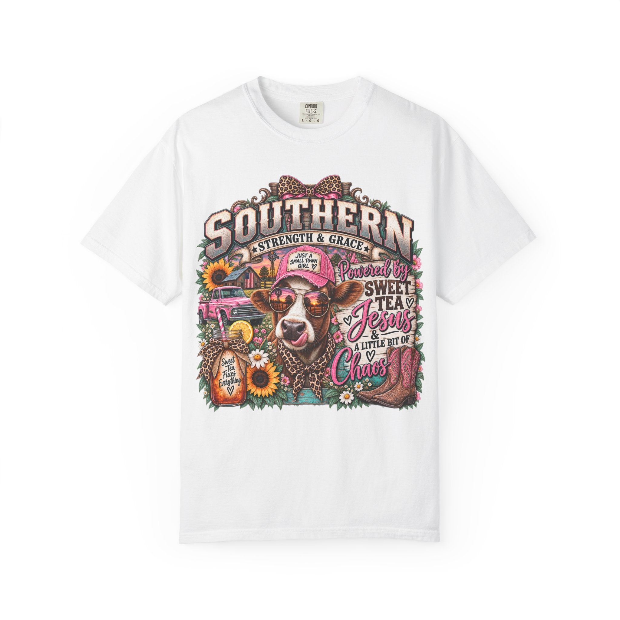 Southern Strength & Grace T-Shirt — Sweet Tea, Jesus & Country Cow Graphic Tee