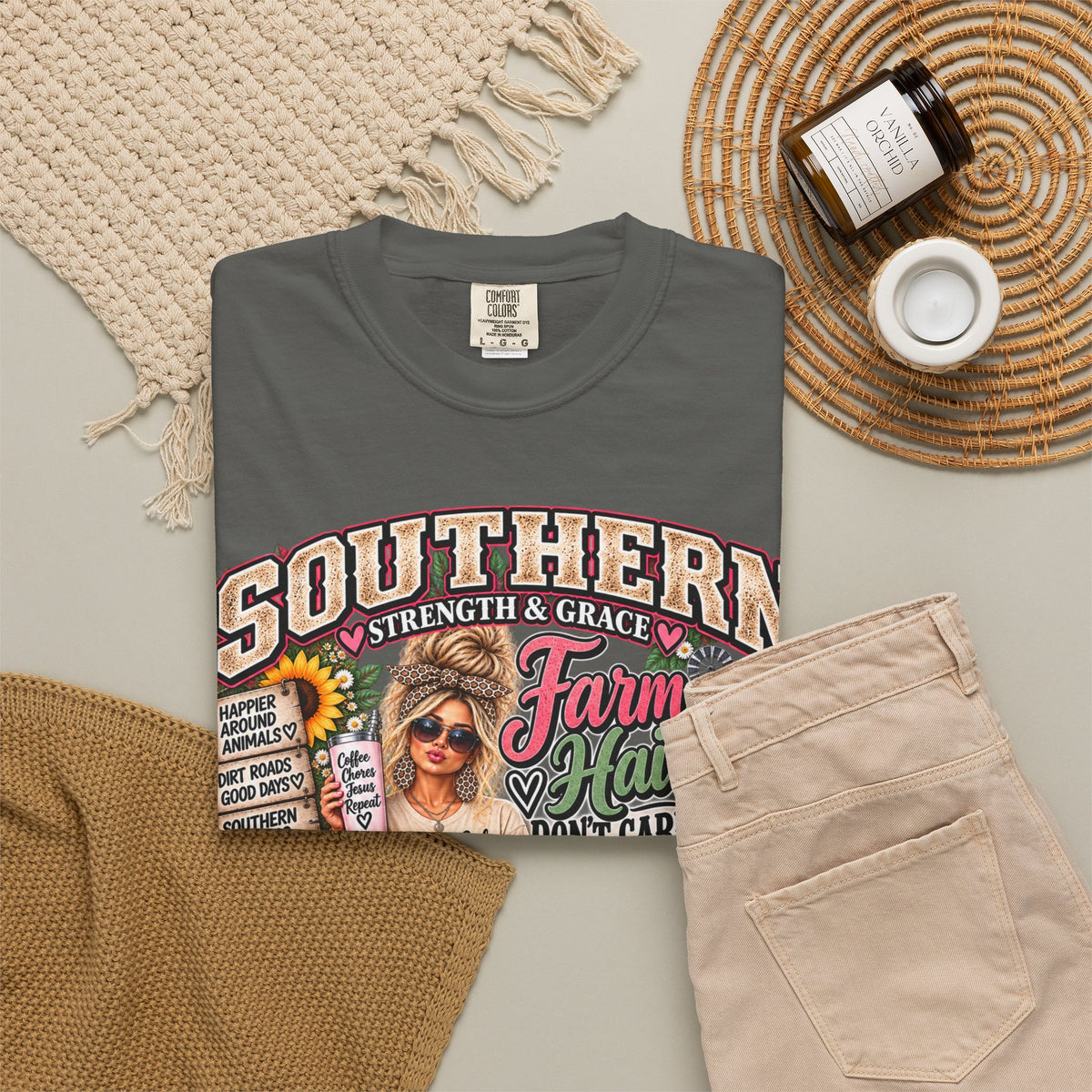 Southern Strength & Grace Farm Hair Don’t Care Country Girl Tee – Faith, Family & Country Living Shirt
