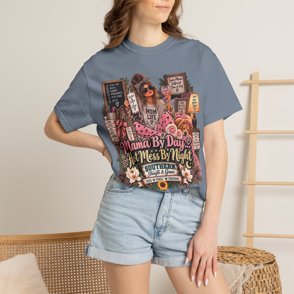 Mama By Day, Hot Mess By Night T-Shirt — Funny Mom Graphic Tee