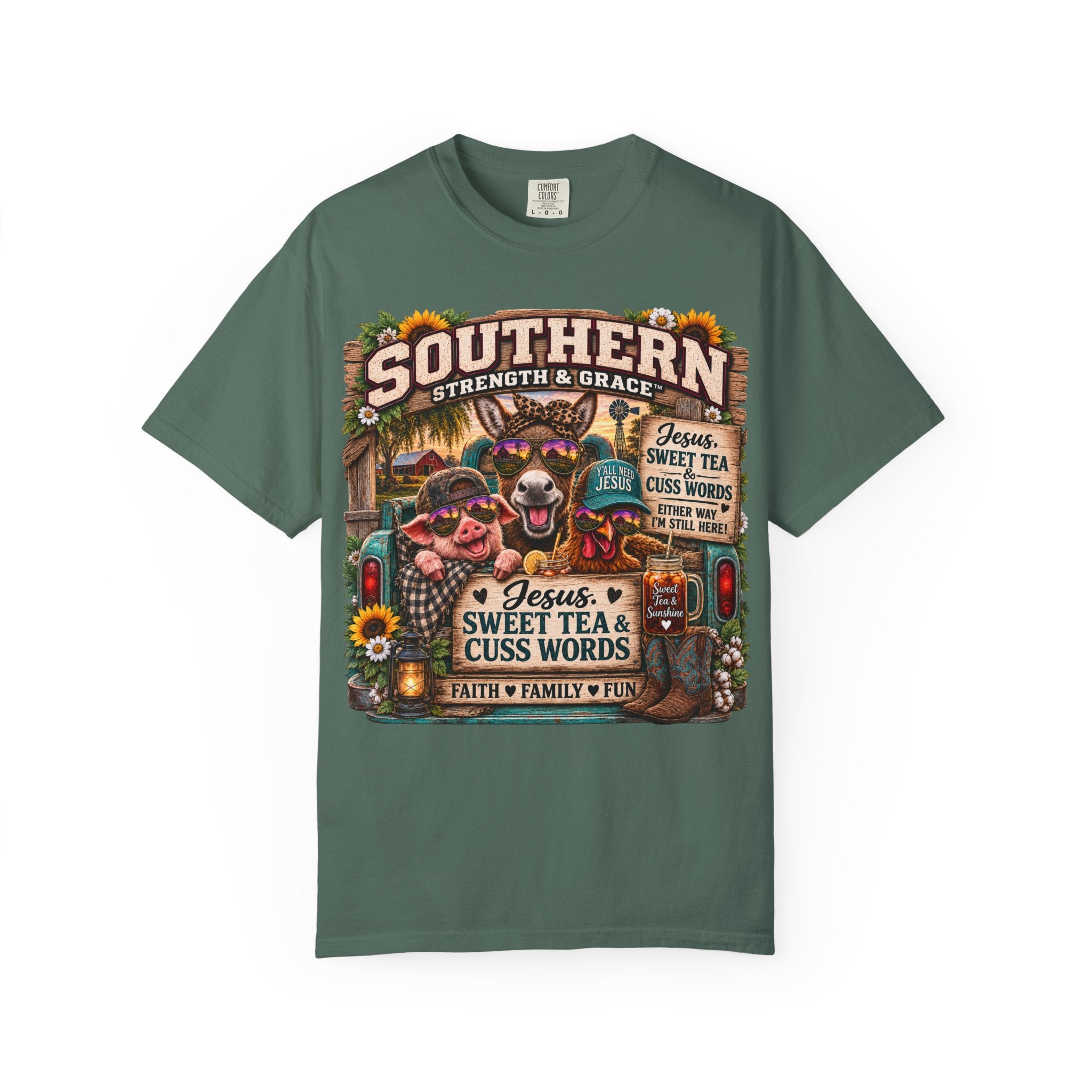 Southern Strength & Grace T-Shirt — "Jesus, Sweet Tea & Cuss Words" Vintage Country Tee