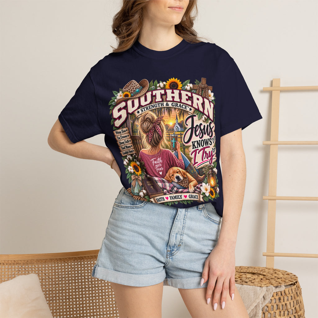 Southern Faith T-Shirt — "Jesus Knows I Try" Graphic Tee with Sunflowers & Family Vibe
