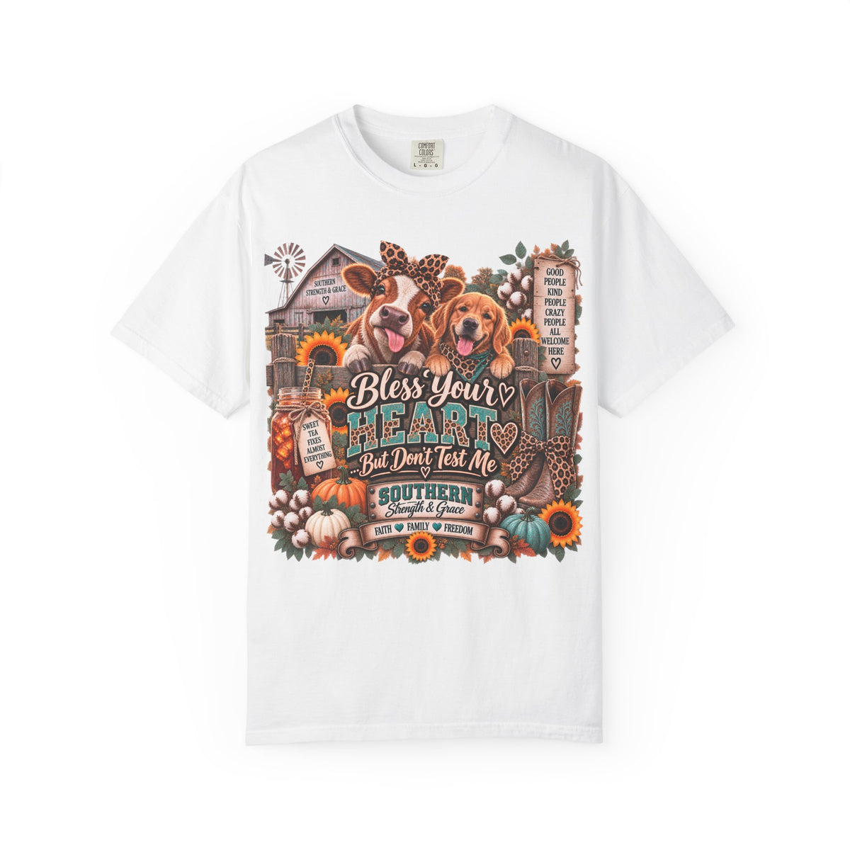 Southern Blessings T-Shirt — "Bless Your Heart But Don't Test Me" Fall Dog & Pumpkin Tee