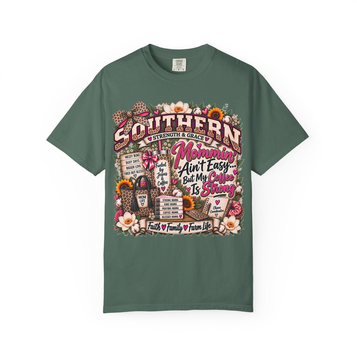 Southern Strength & Grace Mama Tee – Faith, Coffee & Leopard Floral Design