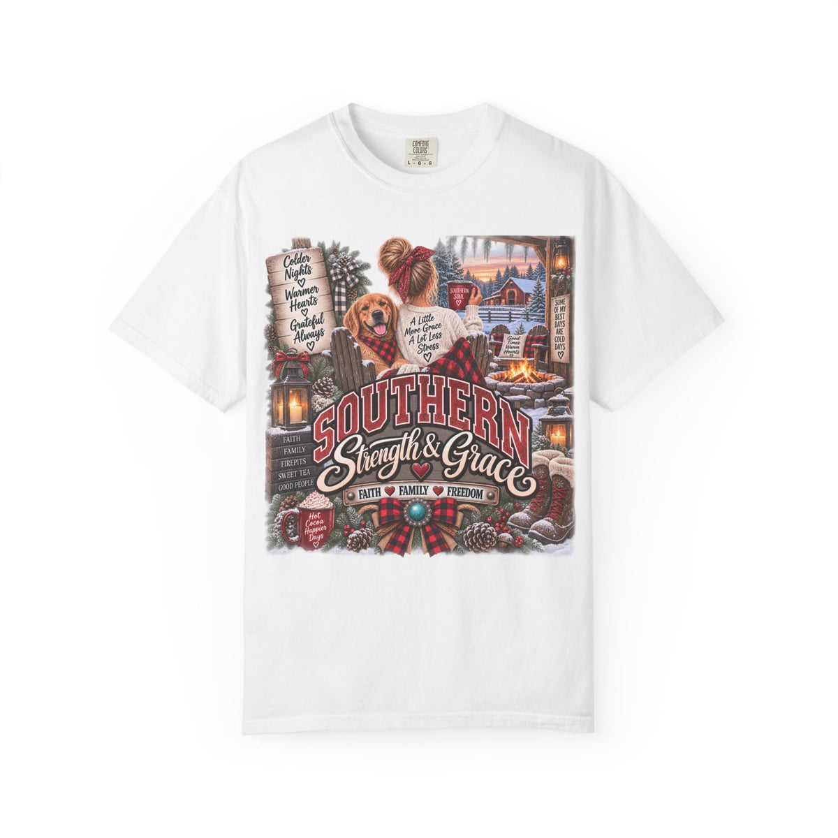 Southern Strength & Grace T-Shirt — Cozy Holiday Cabin & Dog Graphic