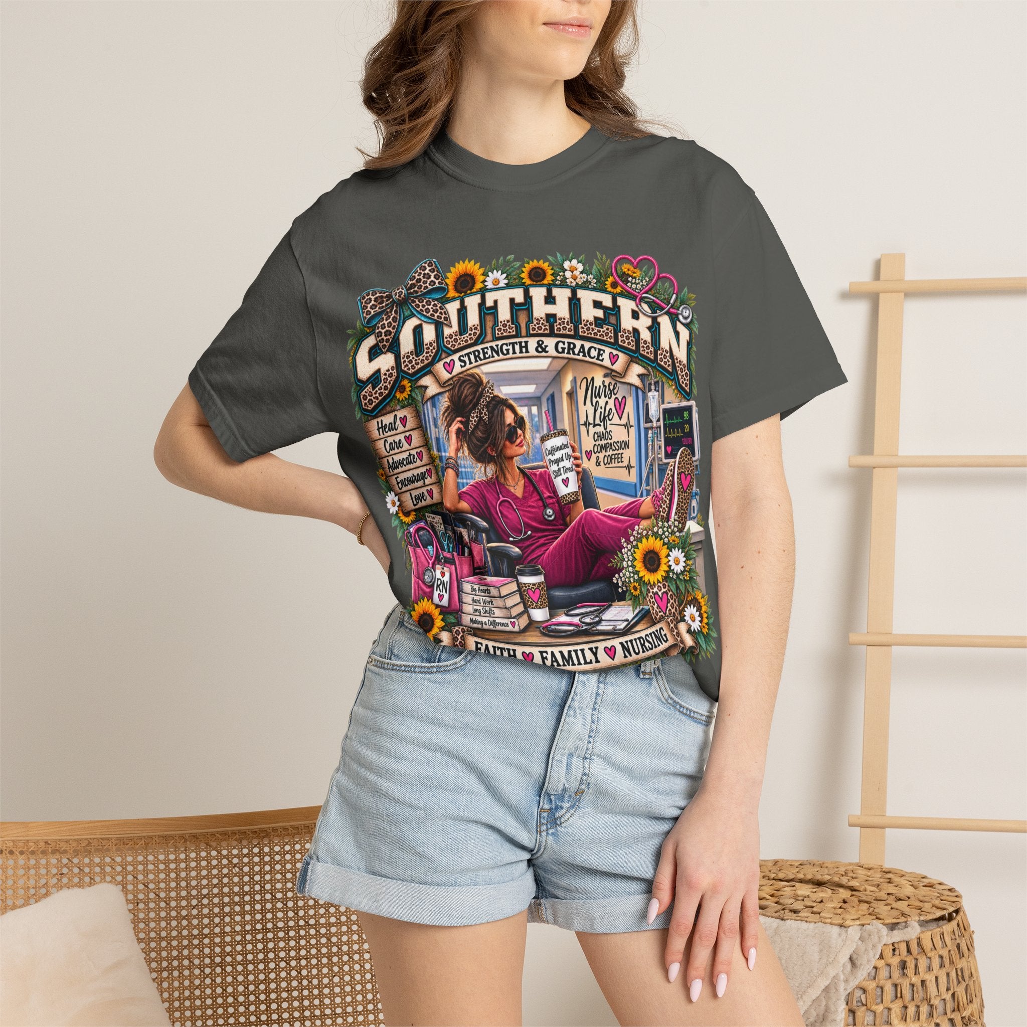 Southern Nurse T-Shirt — "Faith Family Nursing" Vintage Floral Graphic