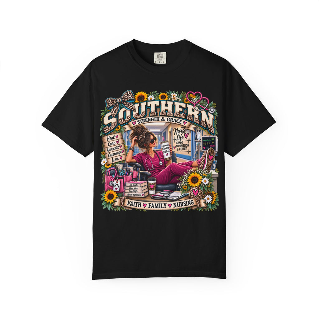Southern Nurse T-Shirt — "Faith Family Nursing" Vintage Floral Graphic