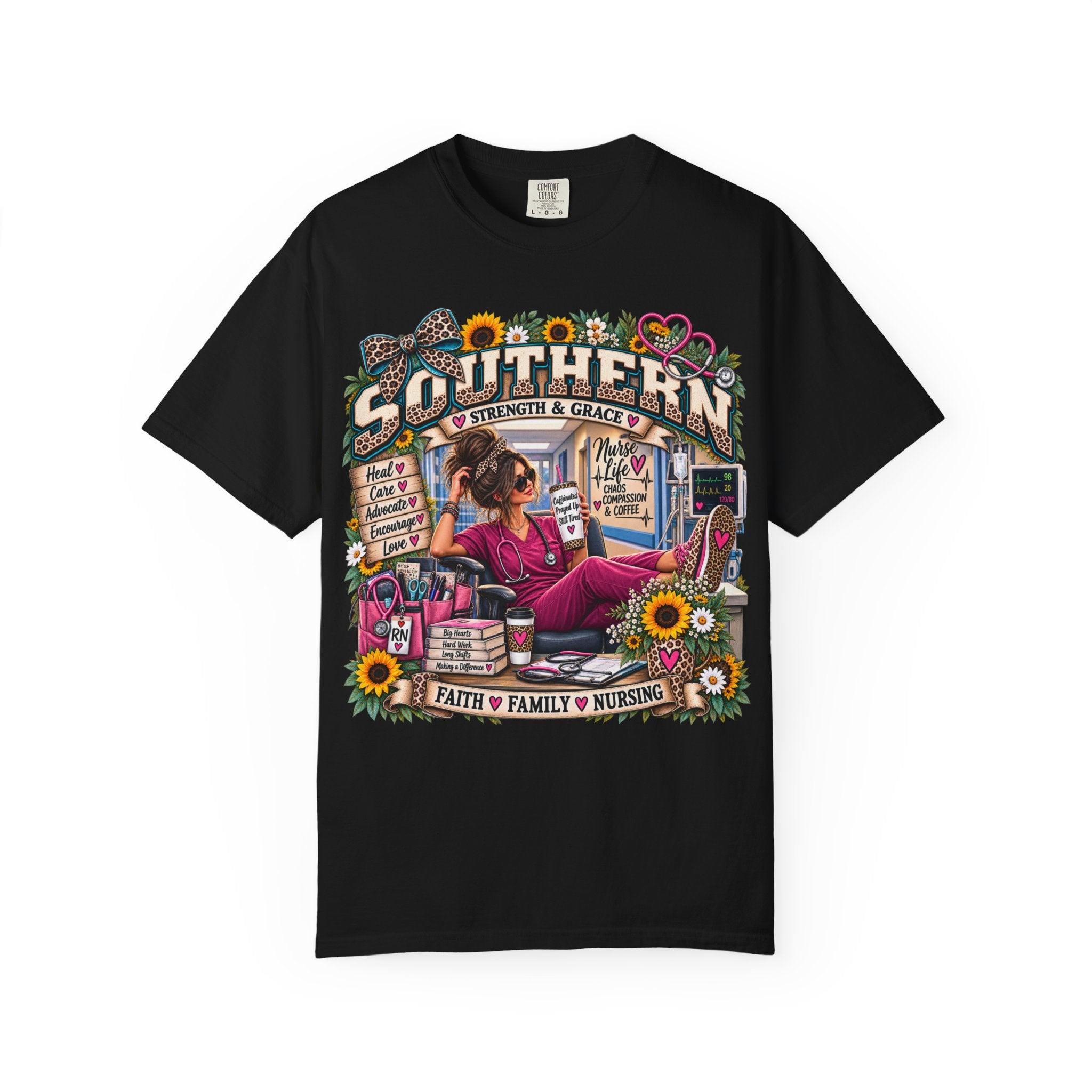 Southern Nurse T-Shirt — "Faith Family Nursing" Vintage Floral Graphic
