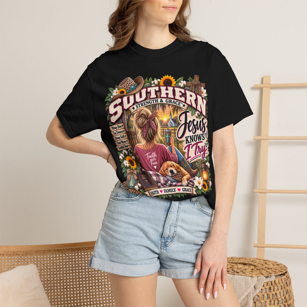 Southern Faith T-Shirt — "Jesus Knows I Try" Graphic Tee with Sunflowers & Family Vibe
