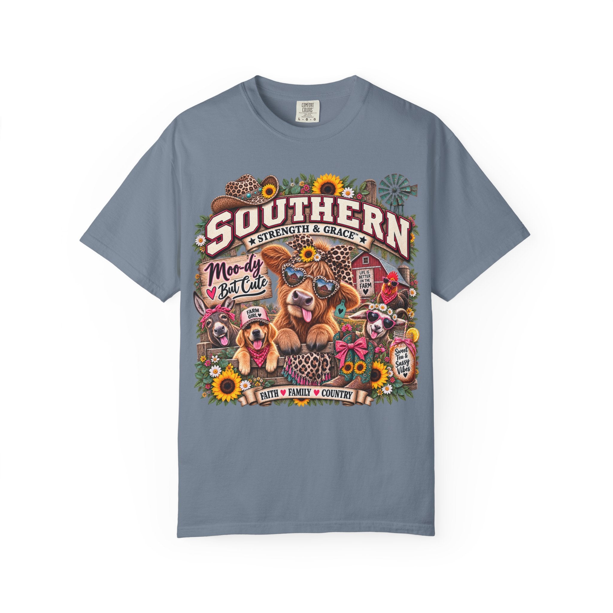 Southern Strength & Grace T-Shirt — 'Southern' Graphic Tee with Dogs, Sunflowers & Farmhouse Vibes