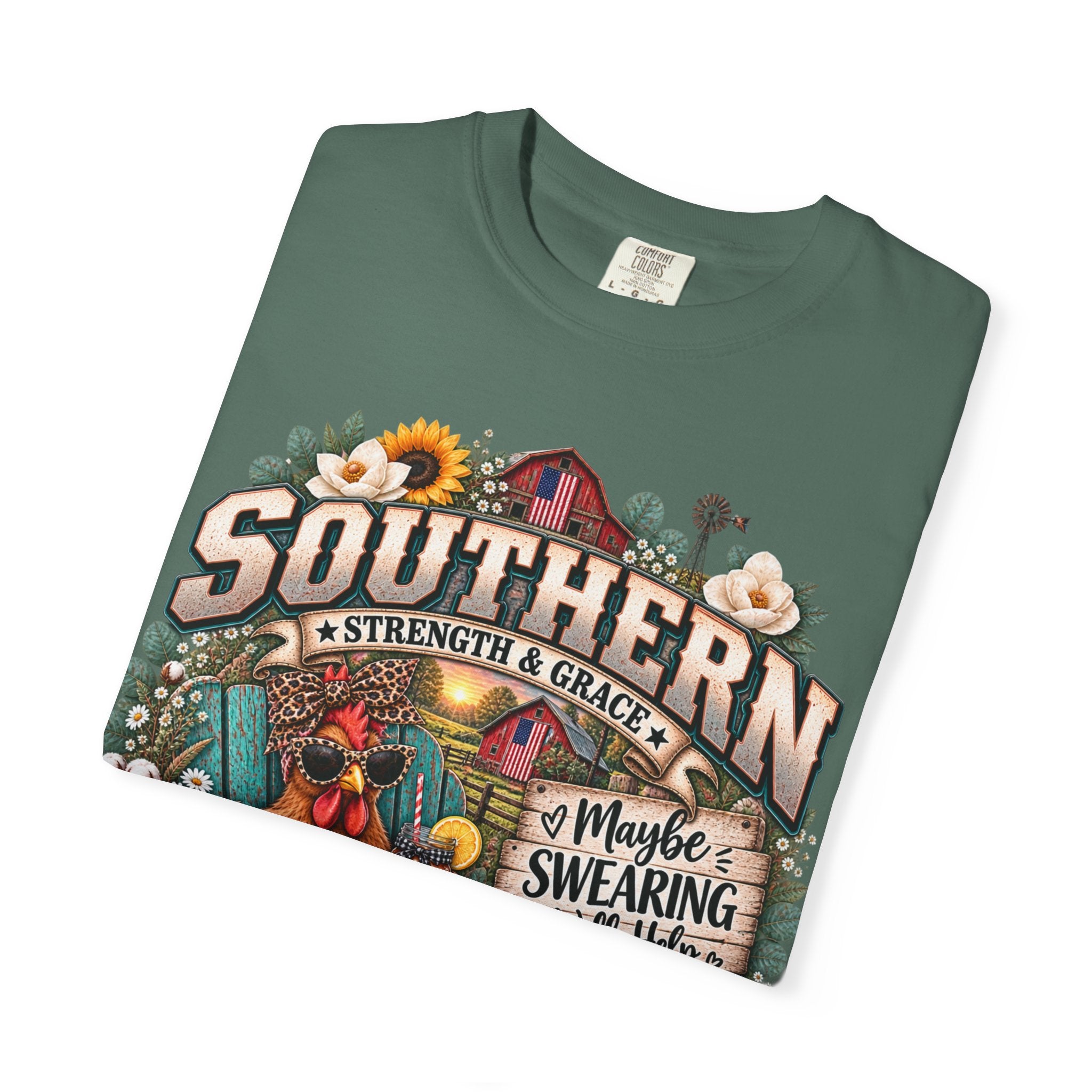 Southern Chicken Farmhouse T-Shirt — "Maybe Swearing, Maybe Hope" Graphic
