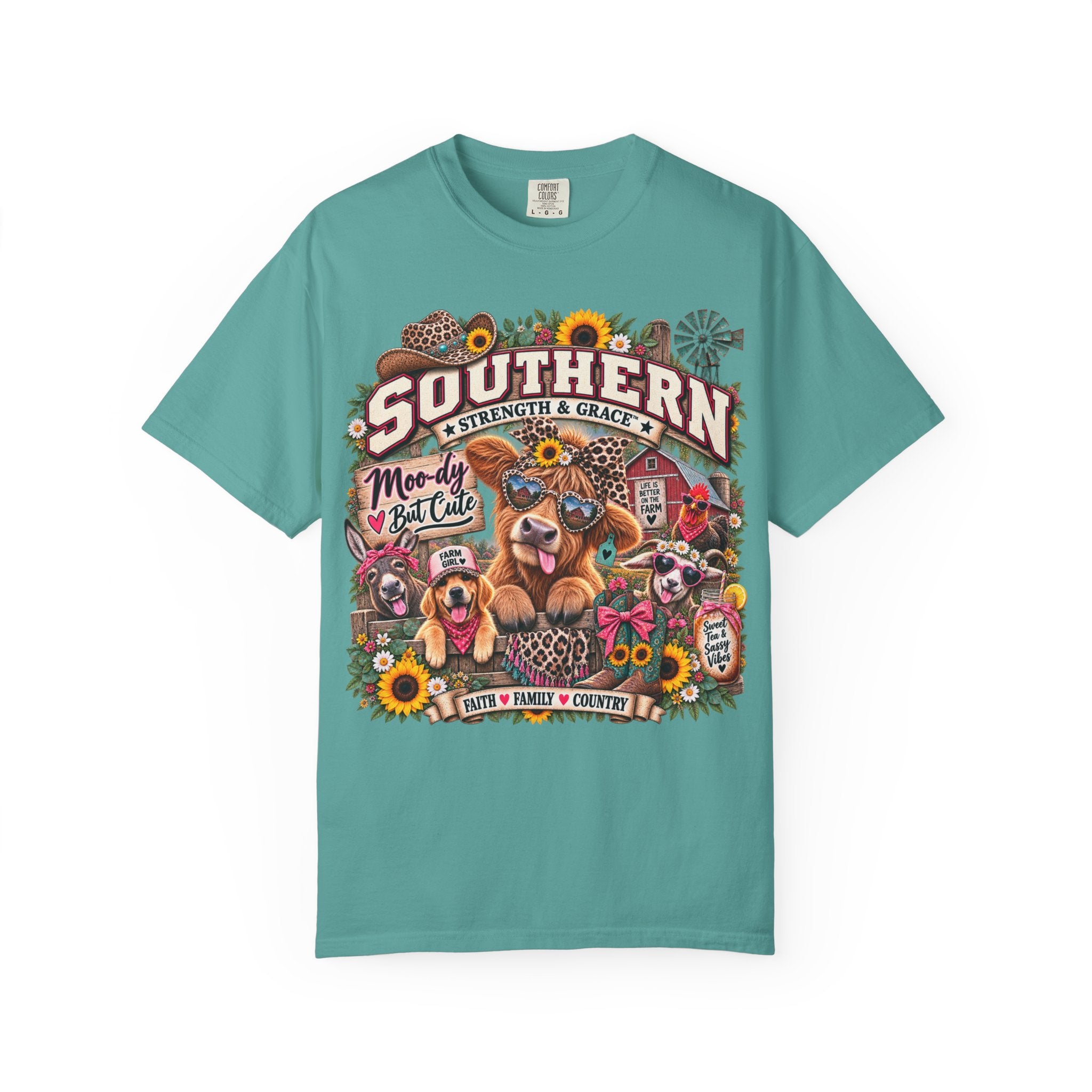 Southern Strength & Grace T-Shirt — 'Southern' Graphic Tee with Dogs, Sunflowers & Farmhouse Vibes