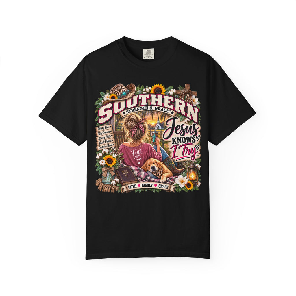 Southern Faith T-Shirt — "Jesus Knows I Try" Graphic Tee with Sunflowers & Family Vibe