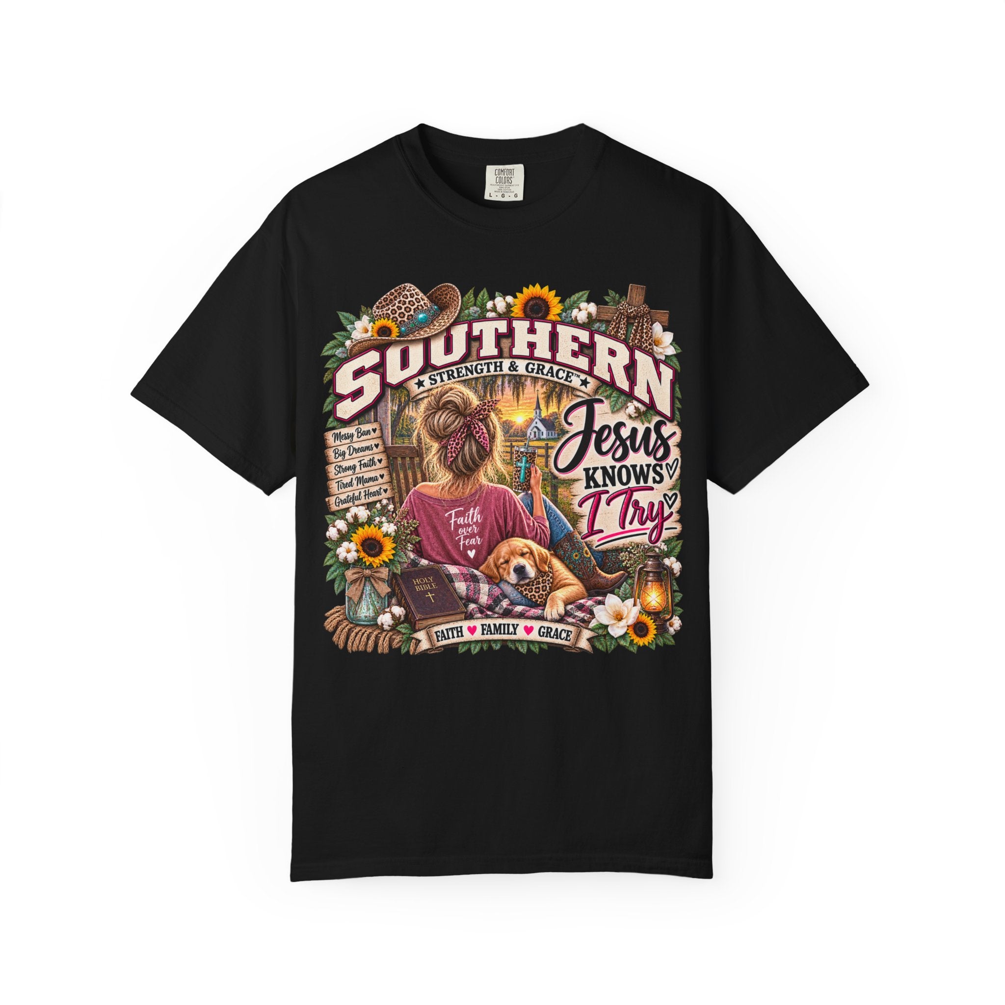 Southern Faith T-Shirt — "Jesus Knows I Try" Graphic Tee with Sunflowers & Family Vibe