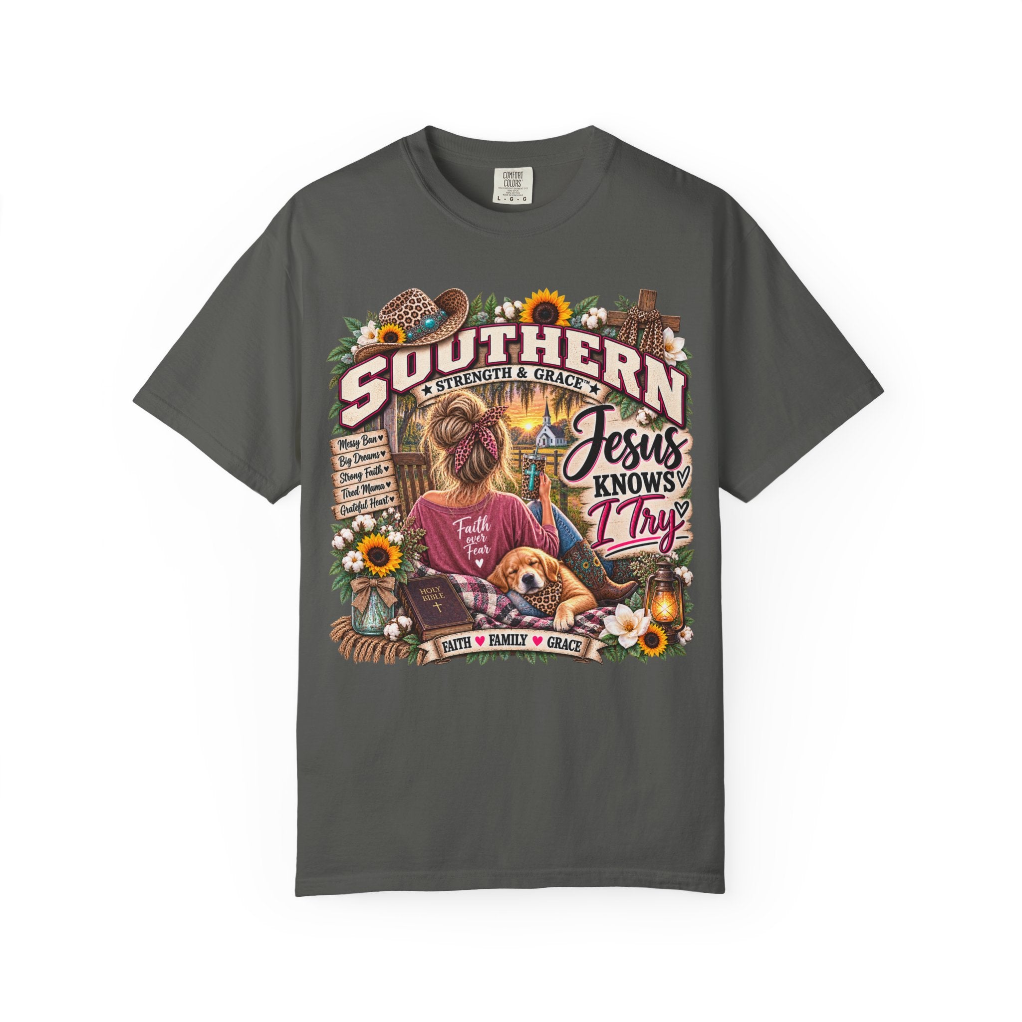 Southern Faith T-Shirt — "Jesus Knows I Try" Graphic Tee with Sunflowers & Family Vibe