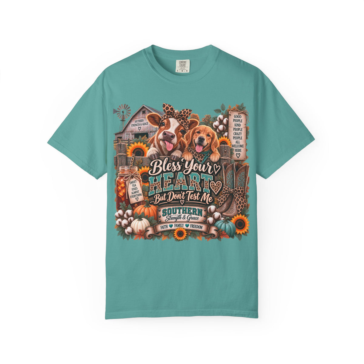 Southern Blessings T-Shirt — "Bless Your Heart But Don't Test Me" Fall Dog & Pumpkin Tee