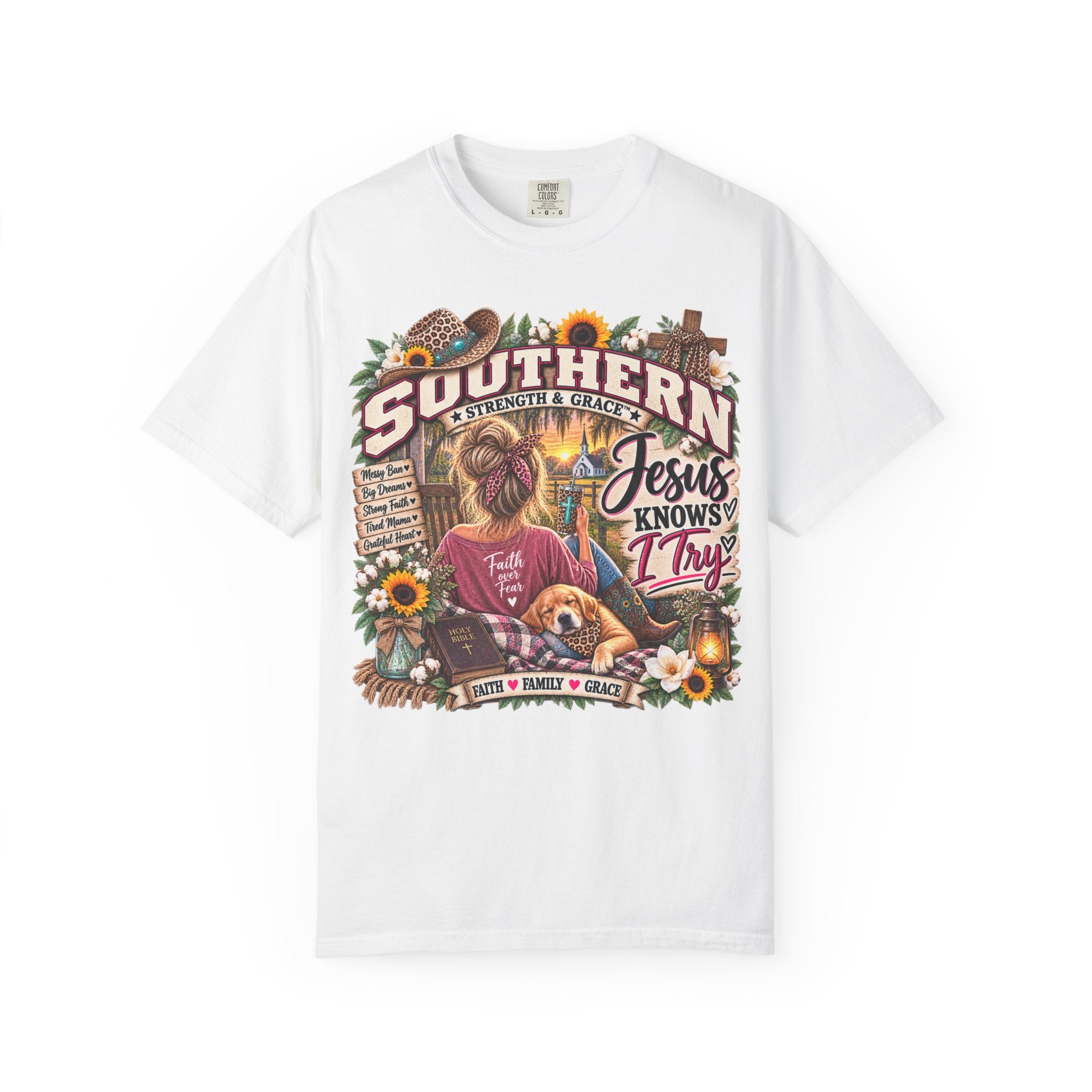 Southern Faith T-Shirt — "Jesus Knows I Try" Graphic Tee with Sunflowers & Family Vibe