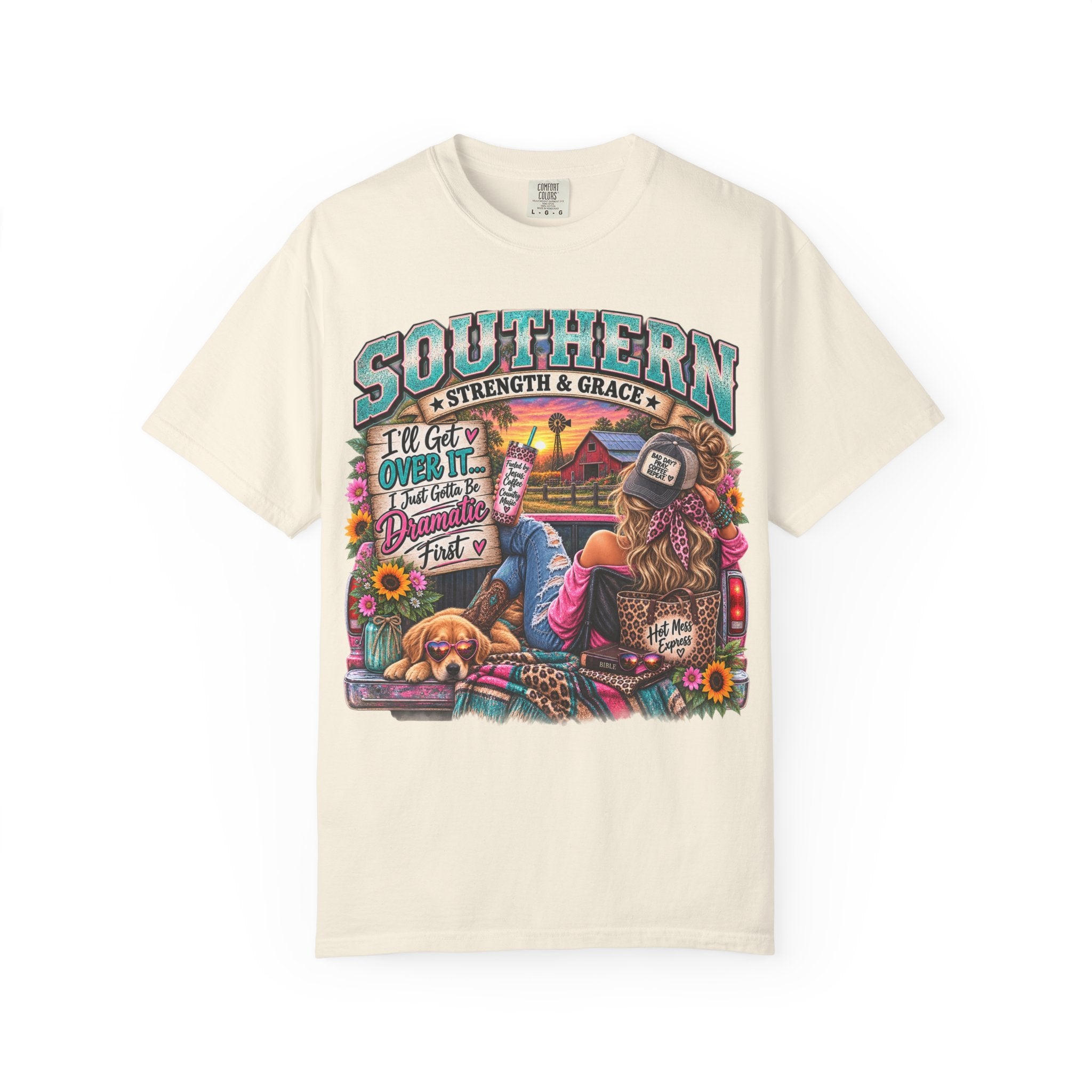 Southern Strength & Grace T-Shirt — "Southern" Graphic Tee with Truck, Dog & Farm Sunset