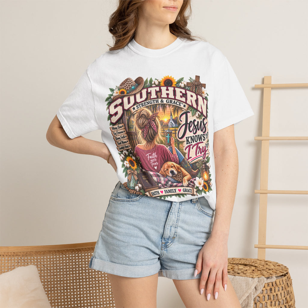 Southern Faith T-Shirt — "Jesus Knows I Try" Graphic Tee with Sunflowers & Family Vibe