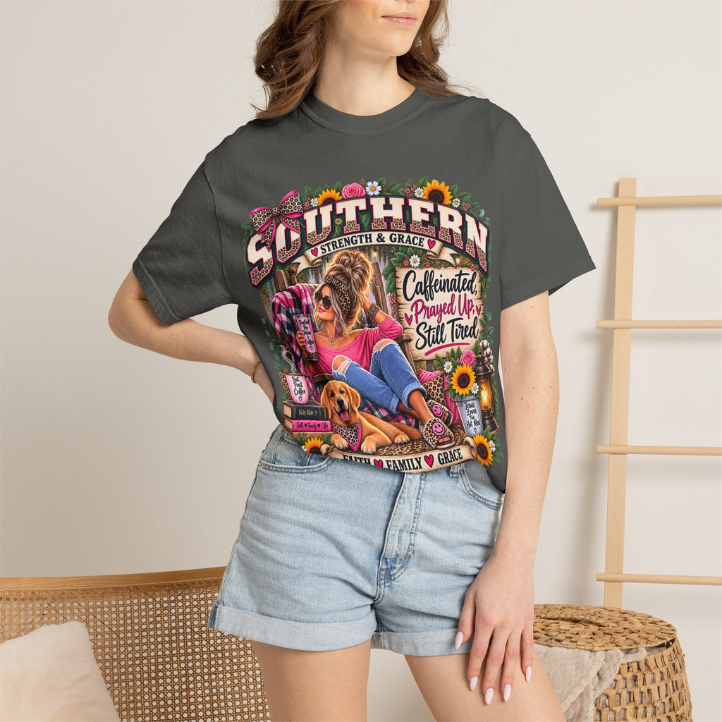 Southern Strength & Grace T-Shirt — "Caffeinated, Prayed Up, Sweet Tea" Vintage Graphic