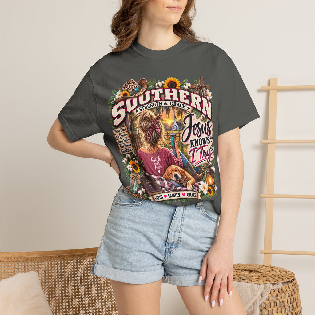 Southern Faith T-Shirt — "Jesus Knows I Try" Graphic Tee with Sunflowers & Family Vibe
