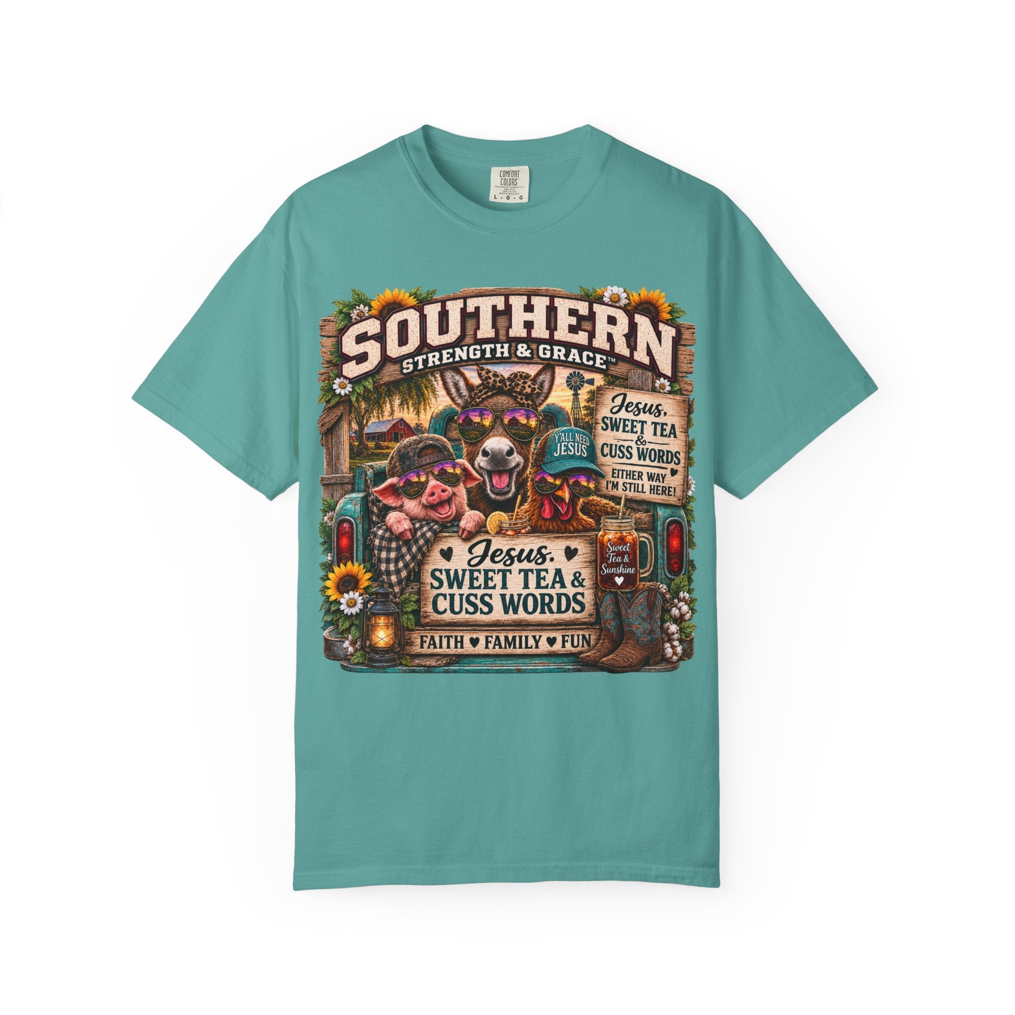 Southern Strength & Grace T-Shirt — "Jesus, Sweet Tea & Cuss Words" Vintage Country Tee
