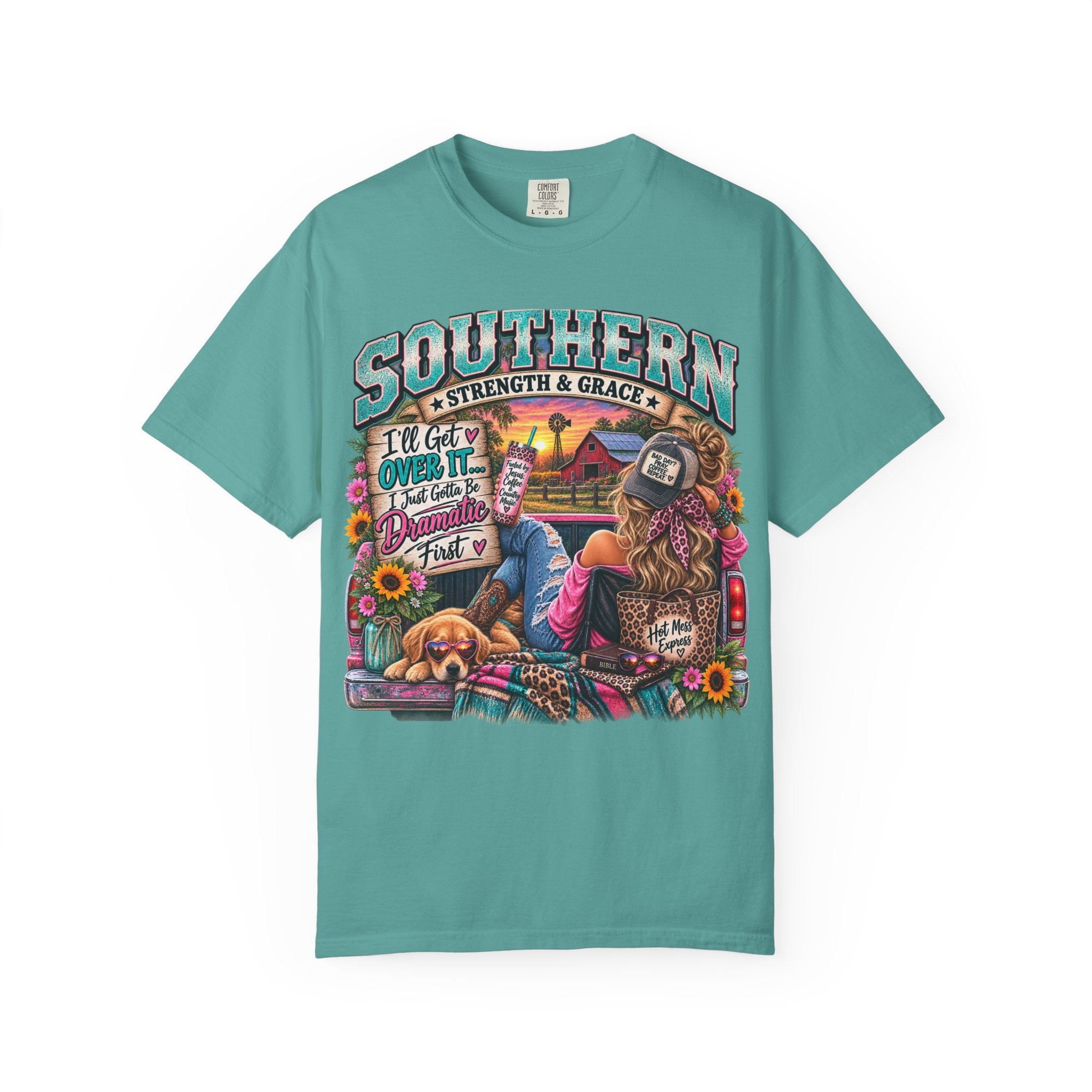 Southern Strength & Grace T-Shirt — "Southern" Graphic Tee with Truck, Dog & Farm Sunset