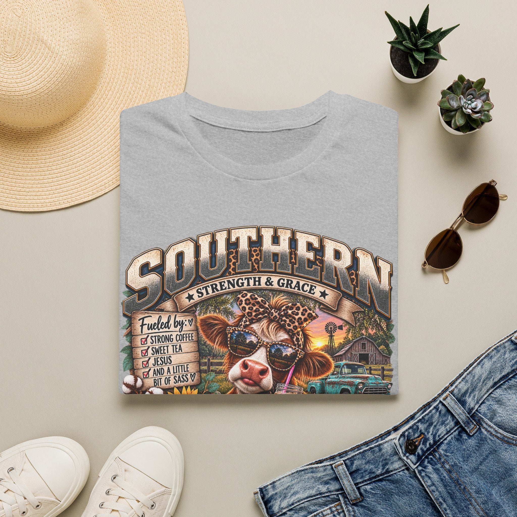 Southern Strength & Grace T-Shirt — Cow With Sunglasses Rustic Farm Tee