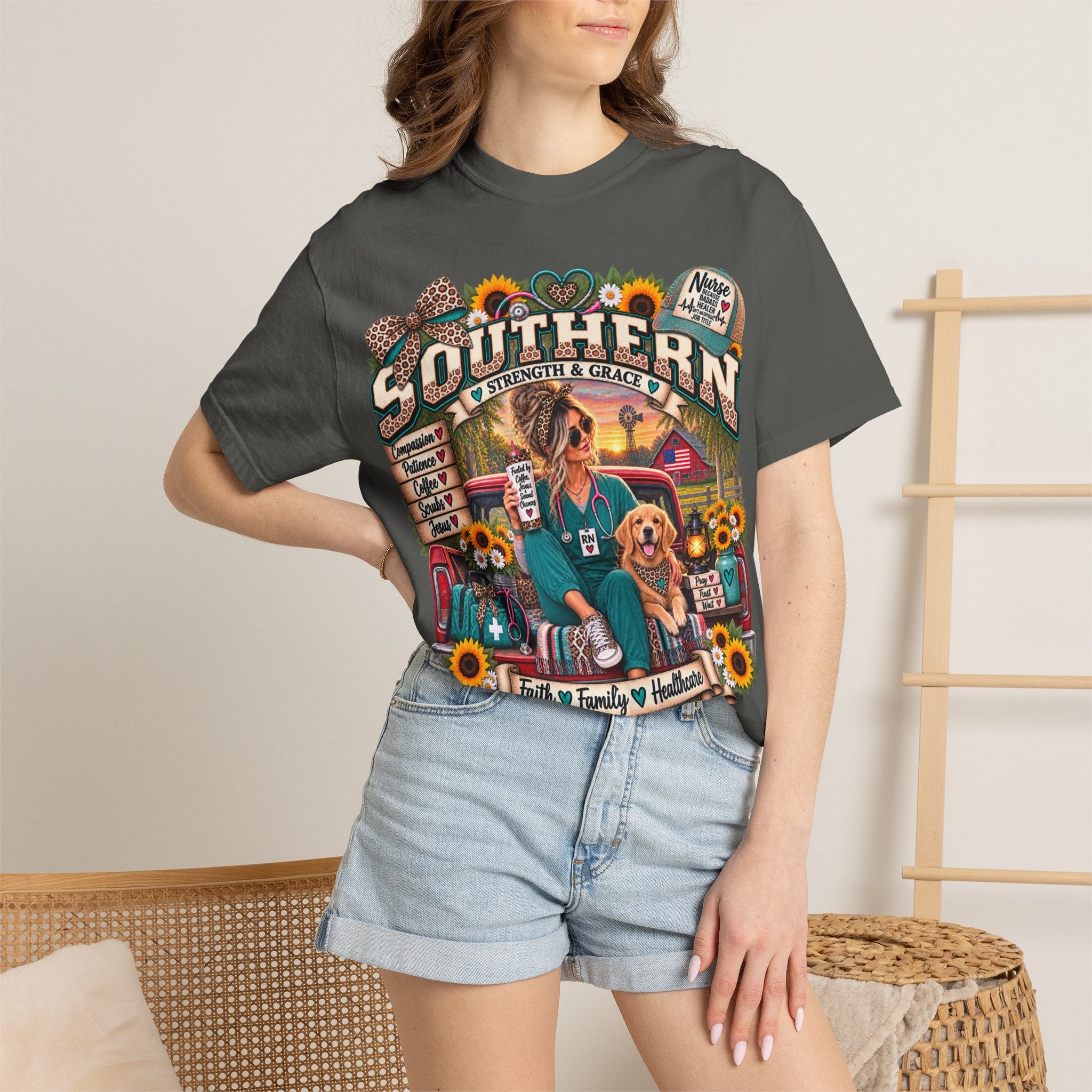 Southern Roots Vintage T-Shirt — 'Southern' Graphic with Sunflowers & Dog