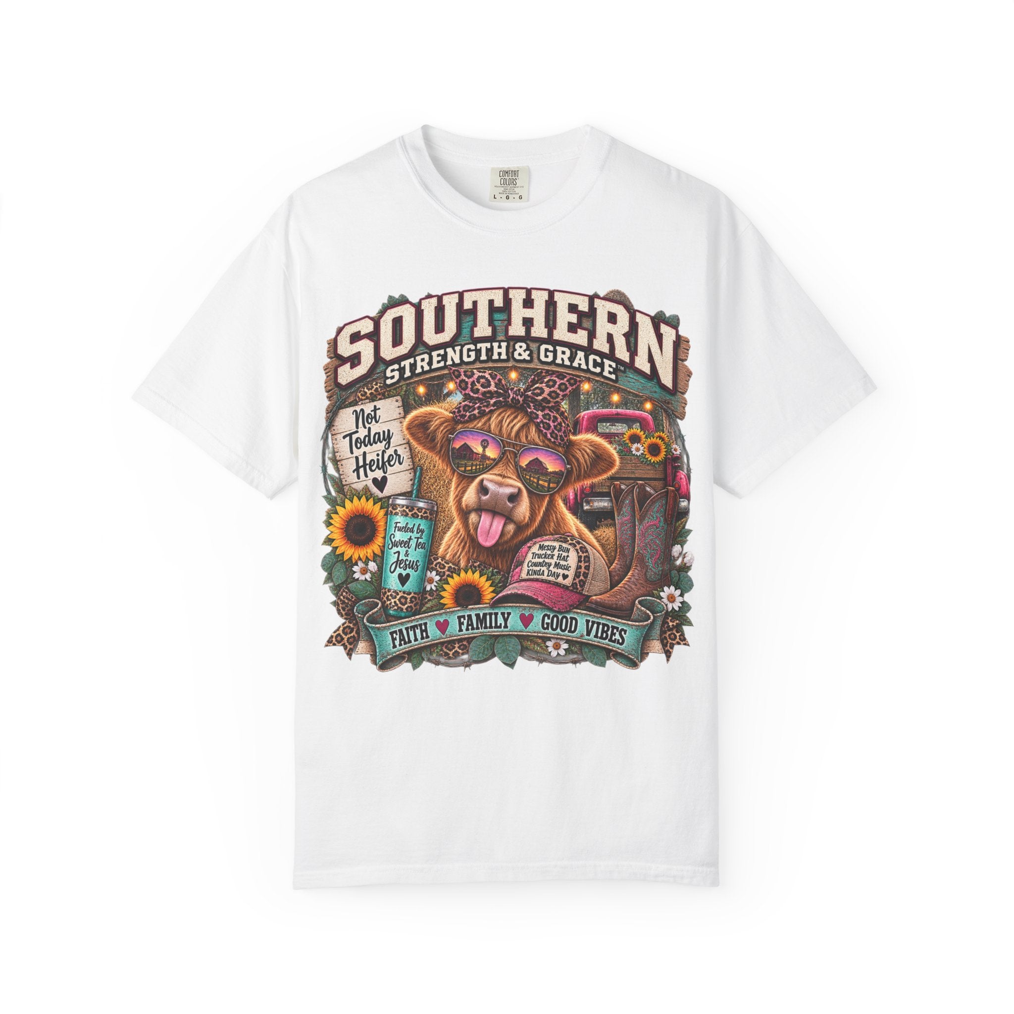 Southern Strength & Grace T-Shirt — Cow Graphic ‘Faith • Family • Good Vibes’ Tee