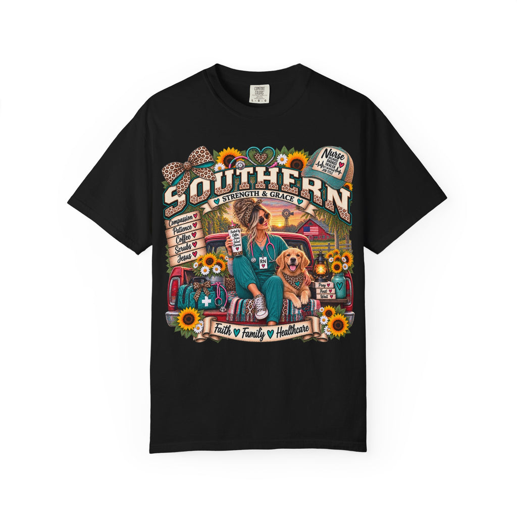 Southern Roots Vintage T-Shirt — 'Southern' Graphic with Sunflowers & Dog