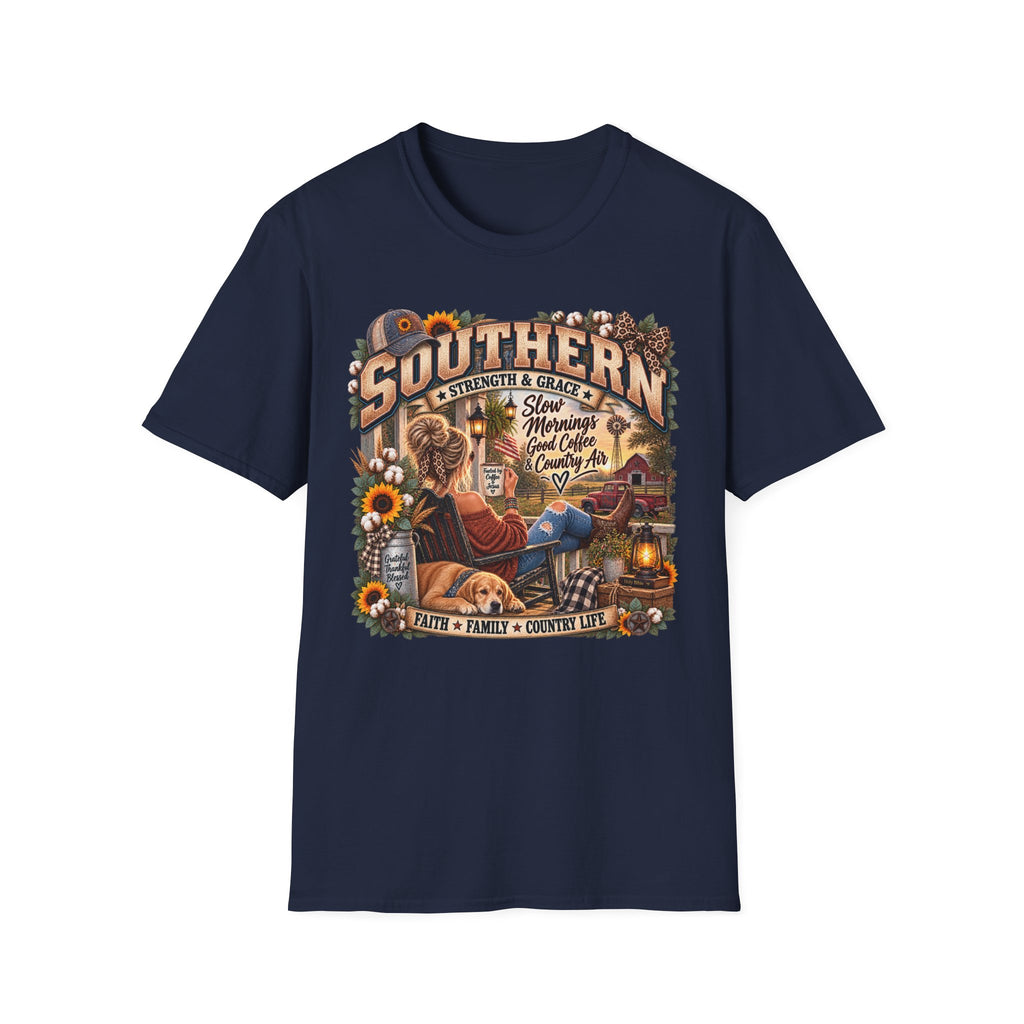 Southern Strength & Grace T-Shirt — 'Southern' Country Life Graphic Tee (Slow Mornings, Good Coffee & Country Air)