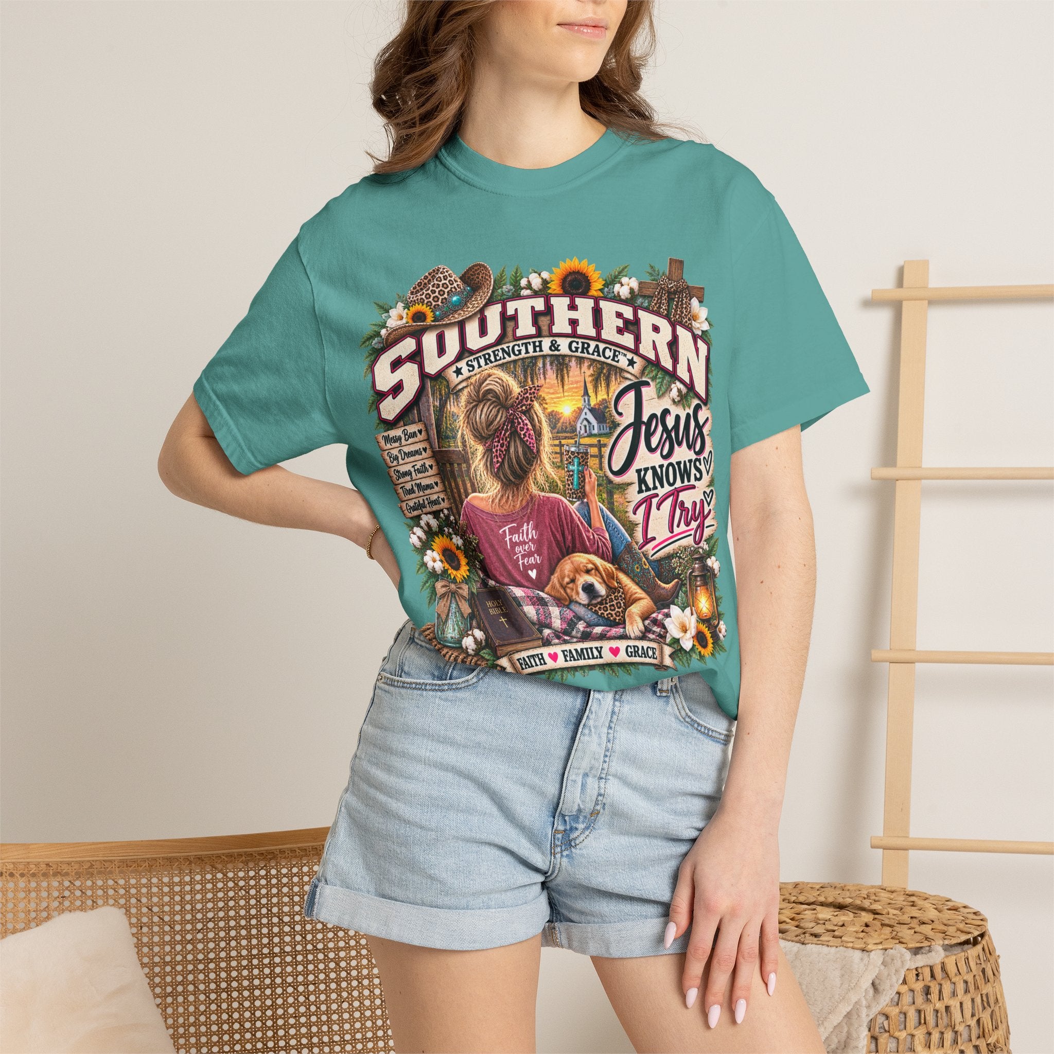 Southern Faith T-Shirt — "Jesus Knows I Try" Graphic Tee with Sunflowers & Family Vibe