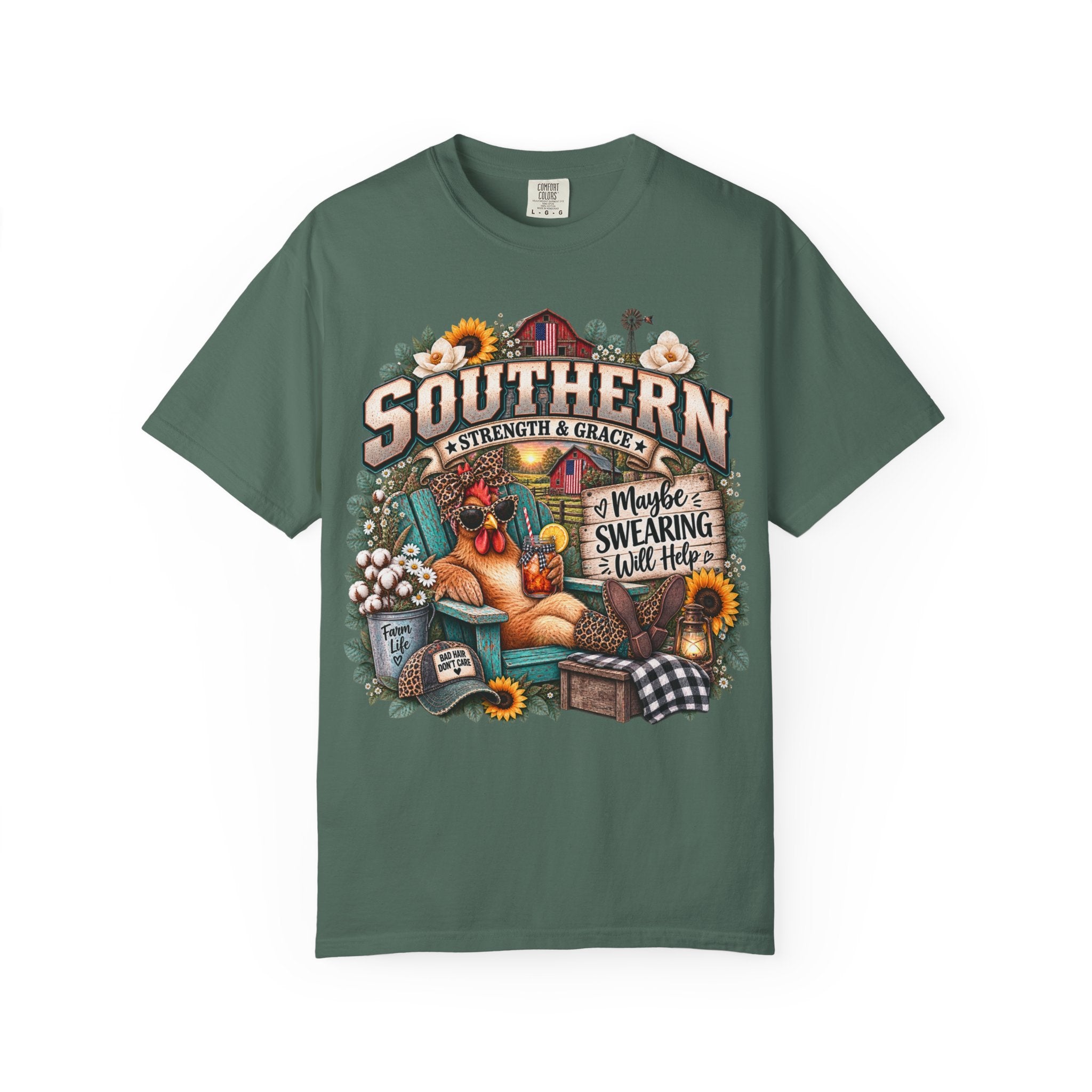 Southern Chicken Farmhouse T-Shirt — "Maybe Swearing, Maybe Hope" Graphic