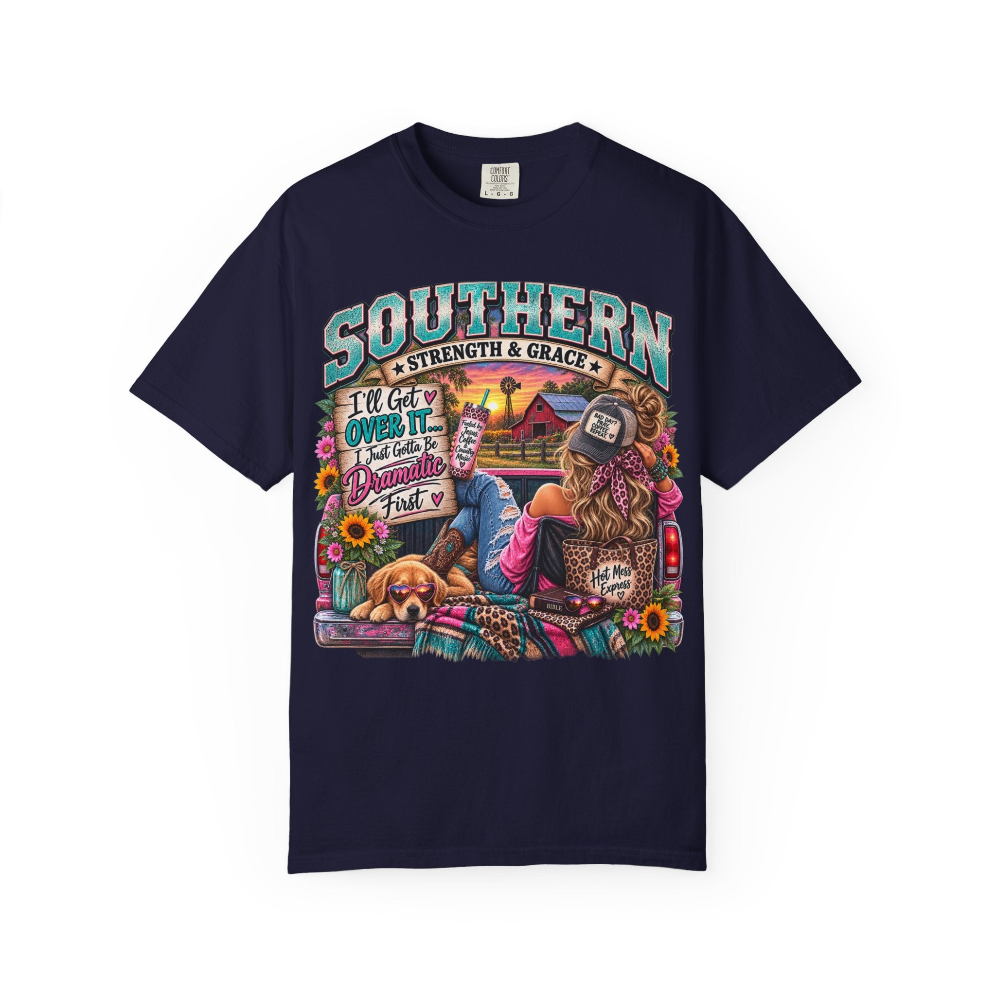 Southern Strength & Grace T-Shirt — "Southern" Graphic Tee with Truck, Dog & Farm Sunset
