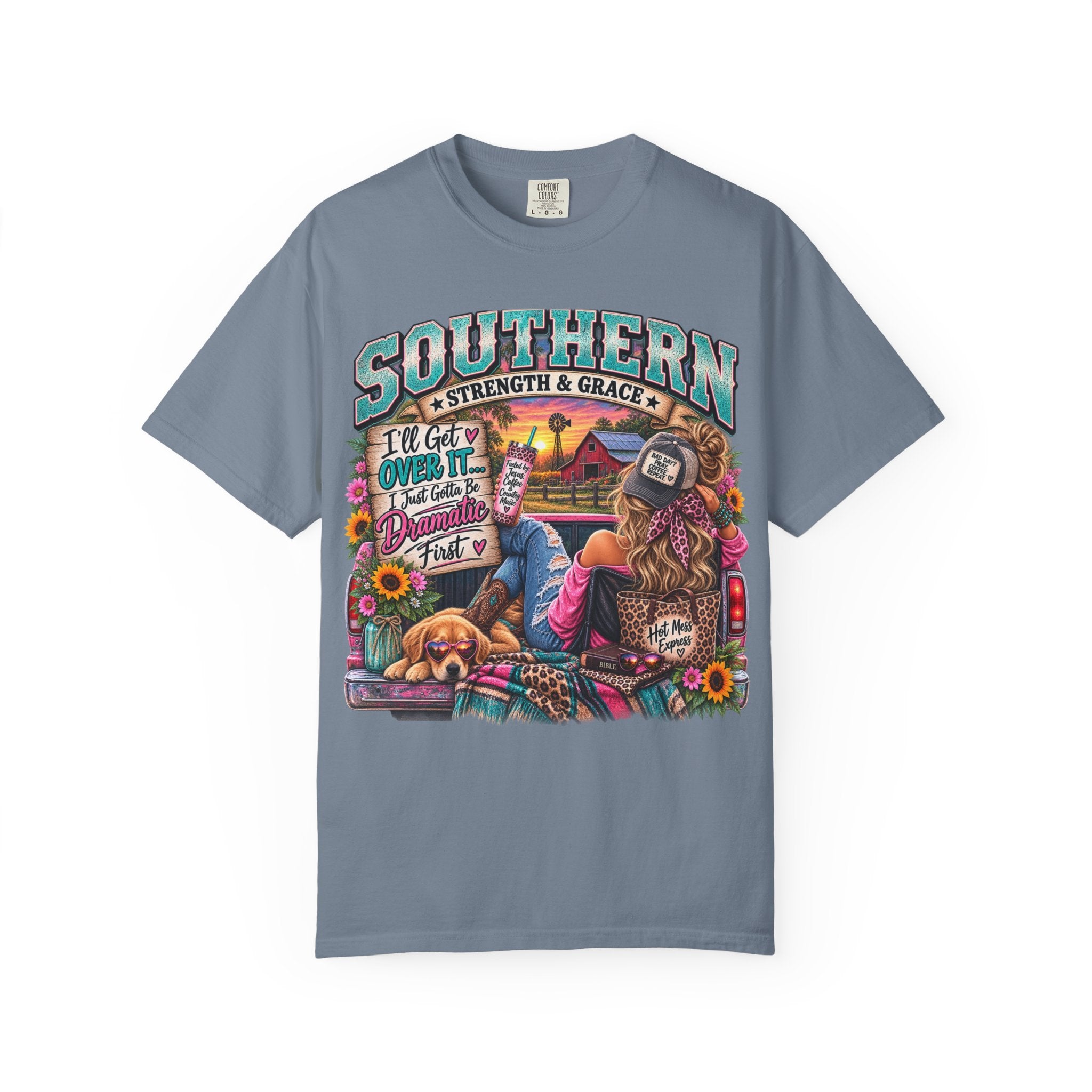 Southern Strength & Grace T-Shirt — "Southern" Graphic Tee with Truck, Dog & Farm Sunset