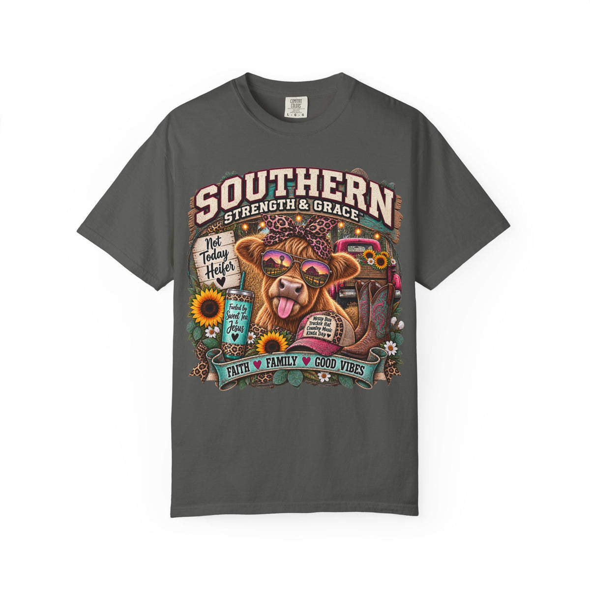Southern Strength & Grace T-Shirt — Faith Family Good Vibes Cow Graphic